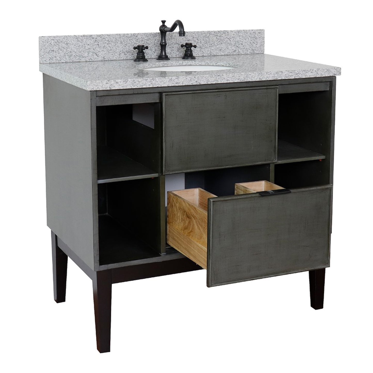 37" Single vanity in Linen Gray finish with Gray granite top and oval sink