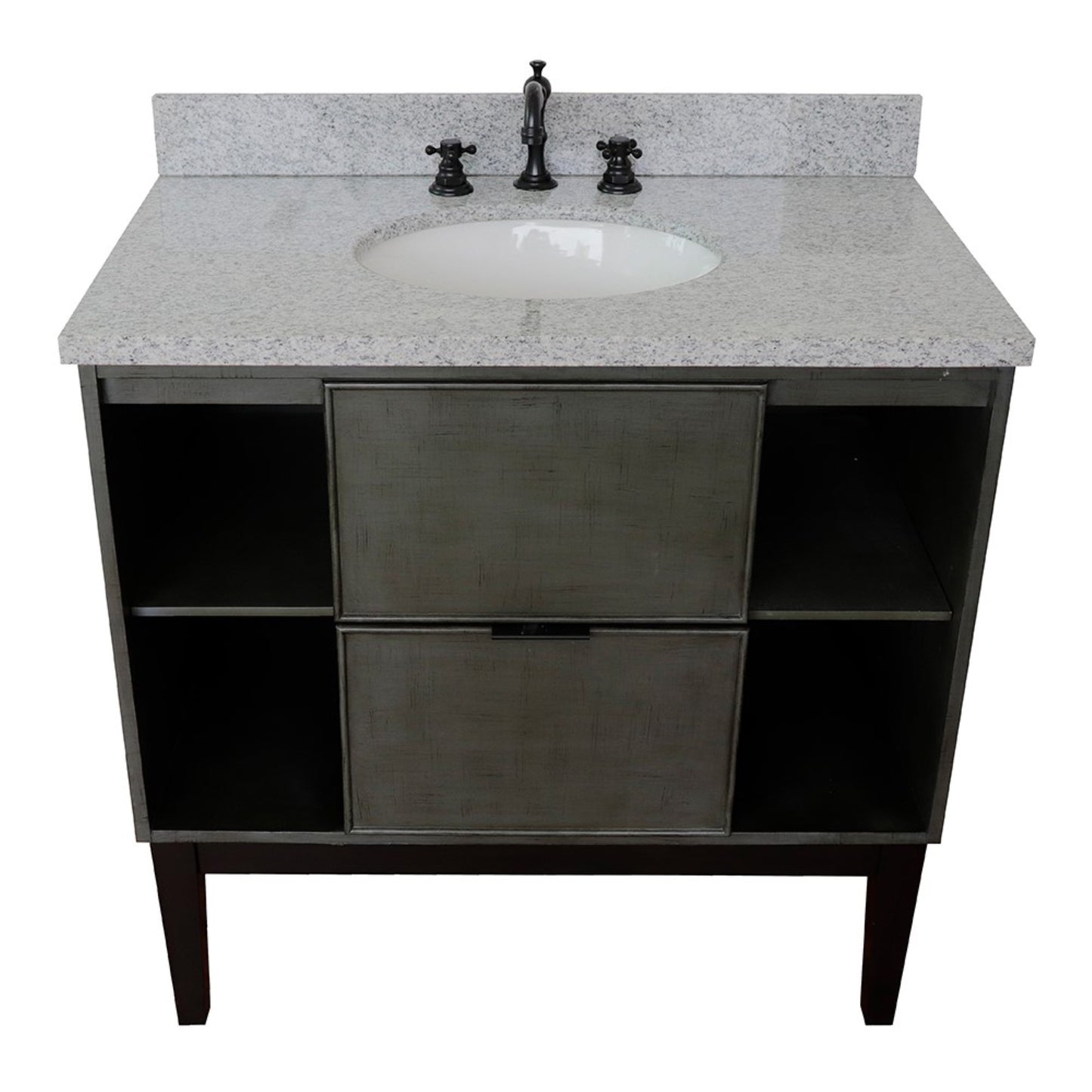 37" Single vanity in Linen Gray finish with Gray granite top and oval sink