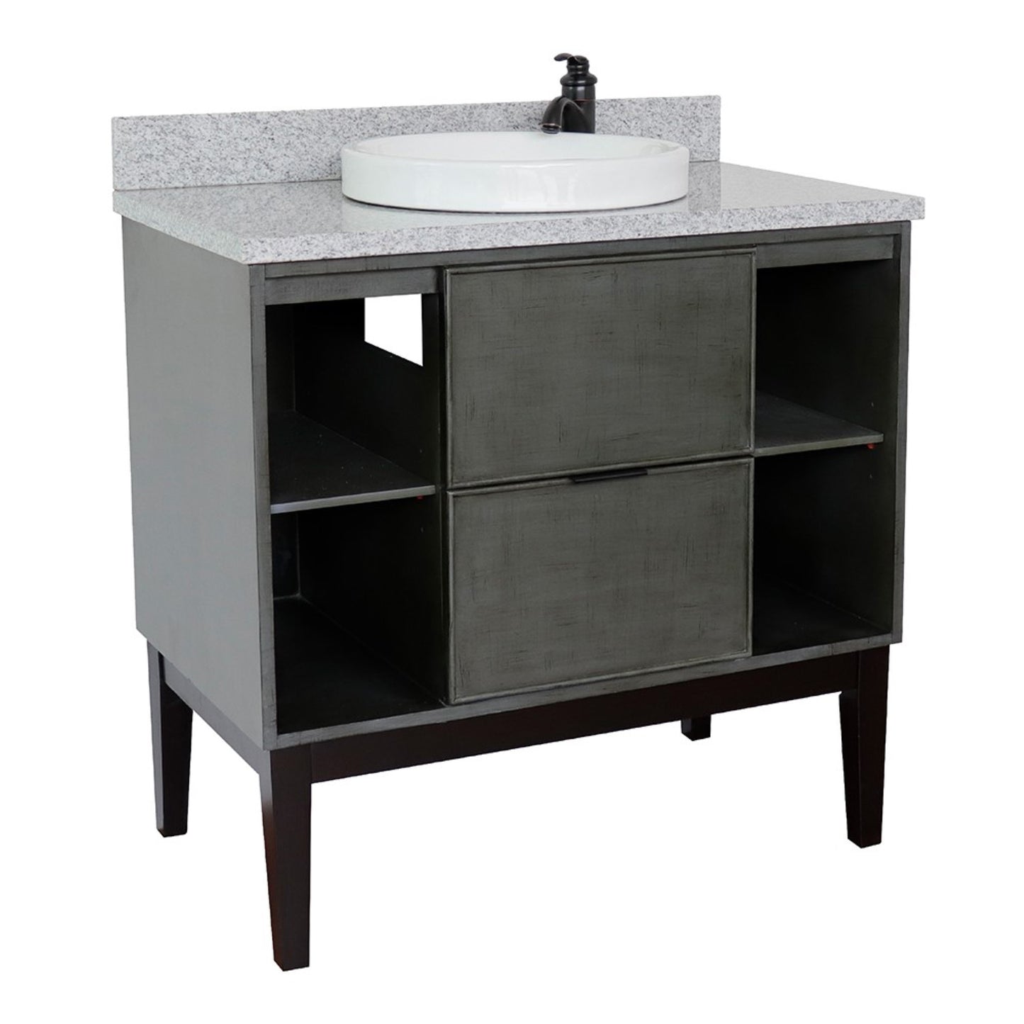 37" Single vanity in Linen Gray finish with Gray granite top and round sink