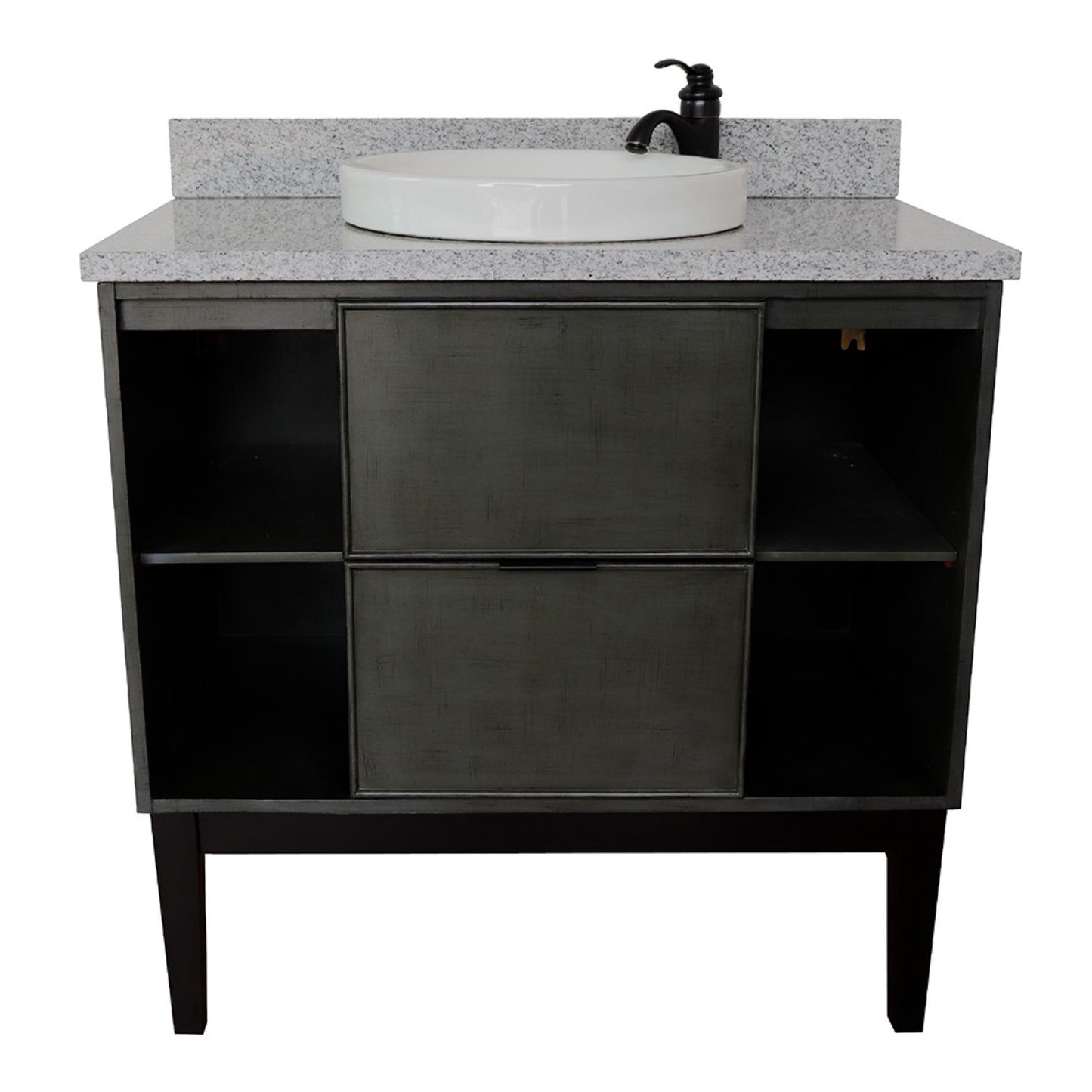 37" Single vanity in Linen Gray finish with Gray granite top and round sink