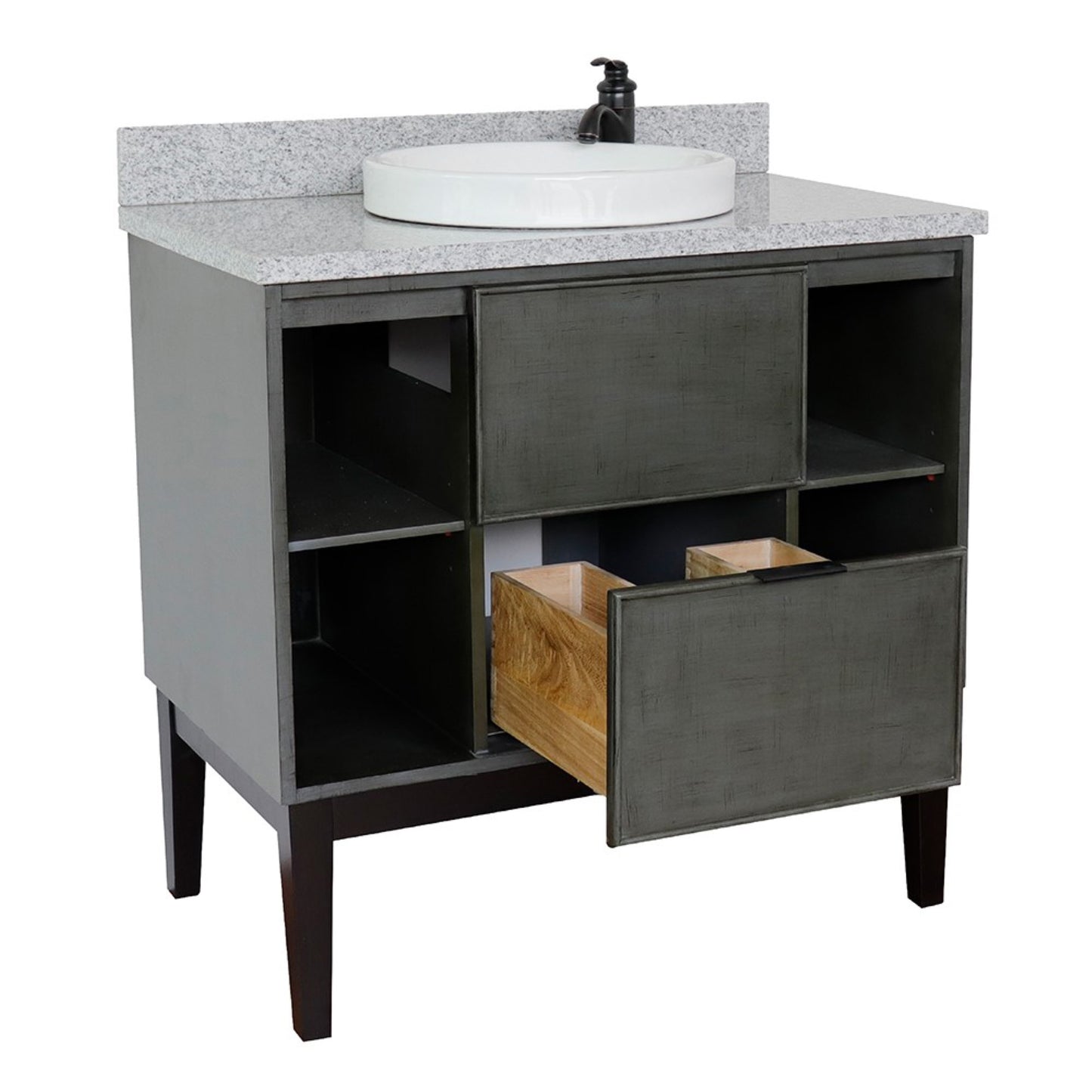 37" Single vanity in Linen Gray finish with Gray granite top and round sink