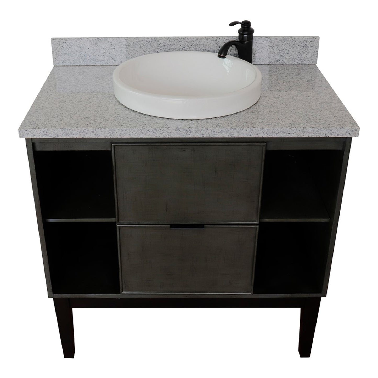 37" Single vanity in Linen Gray finish with Gray granite top and round sink