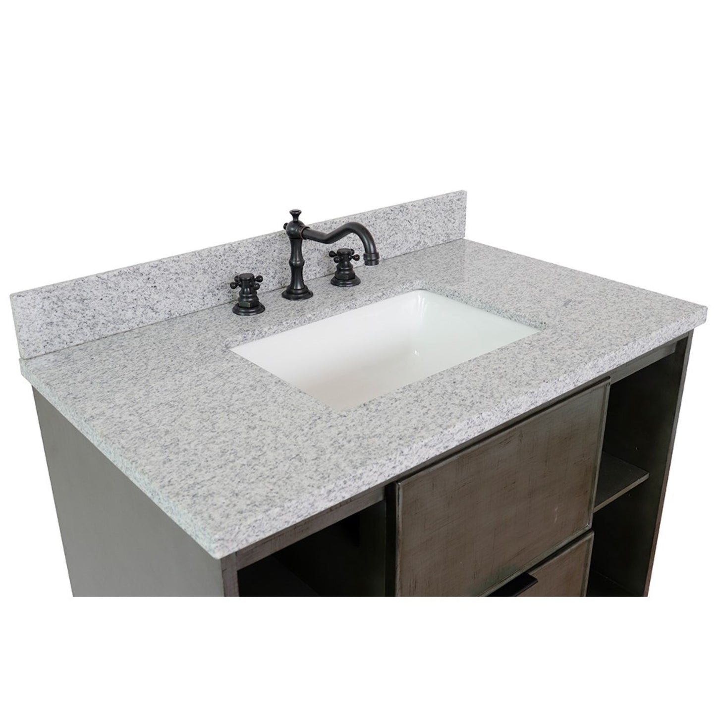 37" Single vanity in Linen Gray finish with Gray granite top and rectangle sink