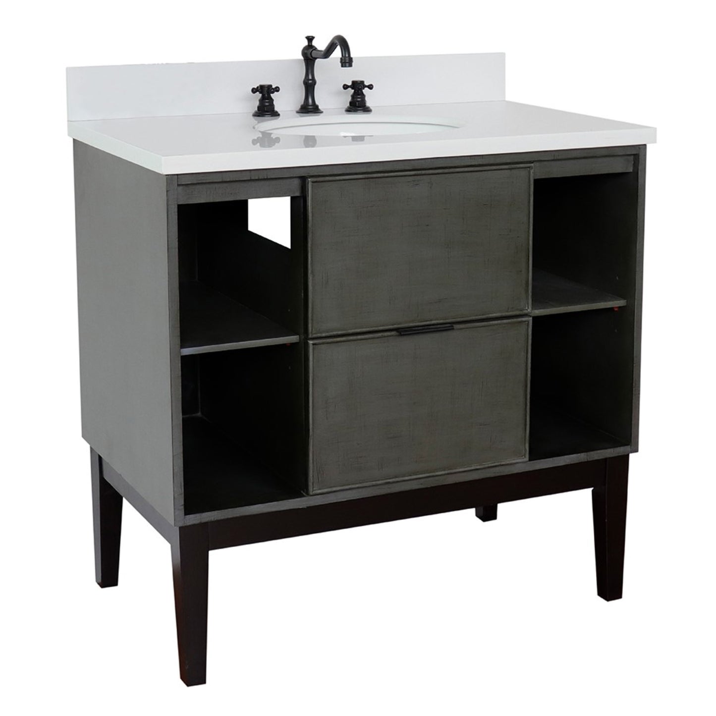 37" Single vanity in Linen Gray finish with White engineered stone top and oval sink