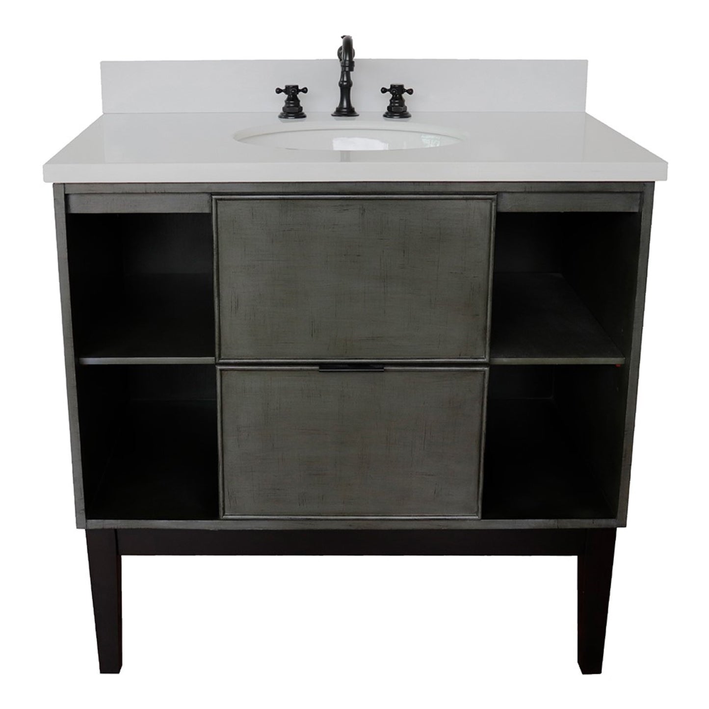 37" Single vanity in Linen Gray finish with White engineered stone top and oval sink