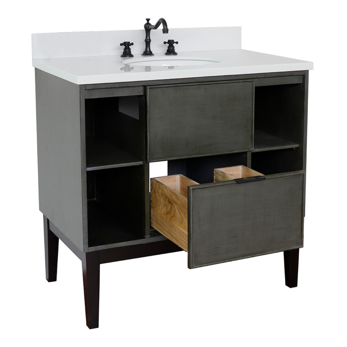 37" Single vanity in Linen Gray finish with White engineered stone top and oval sink