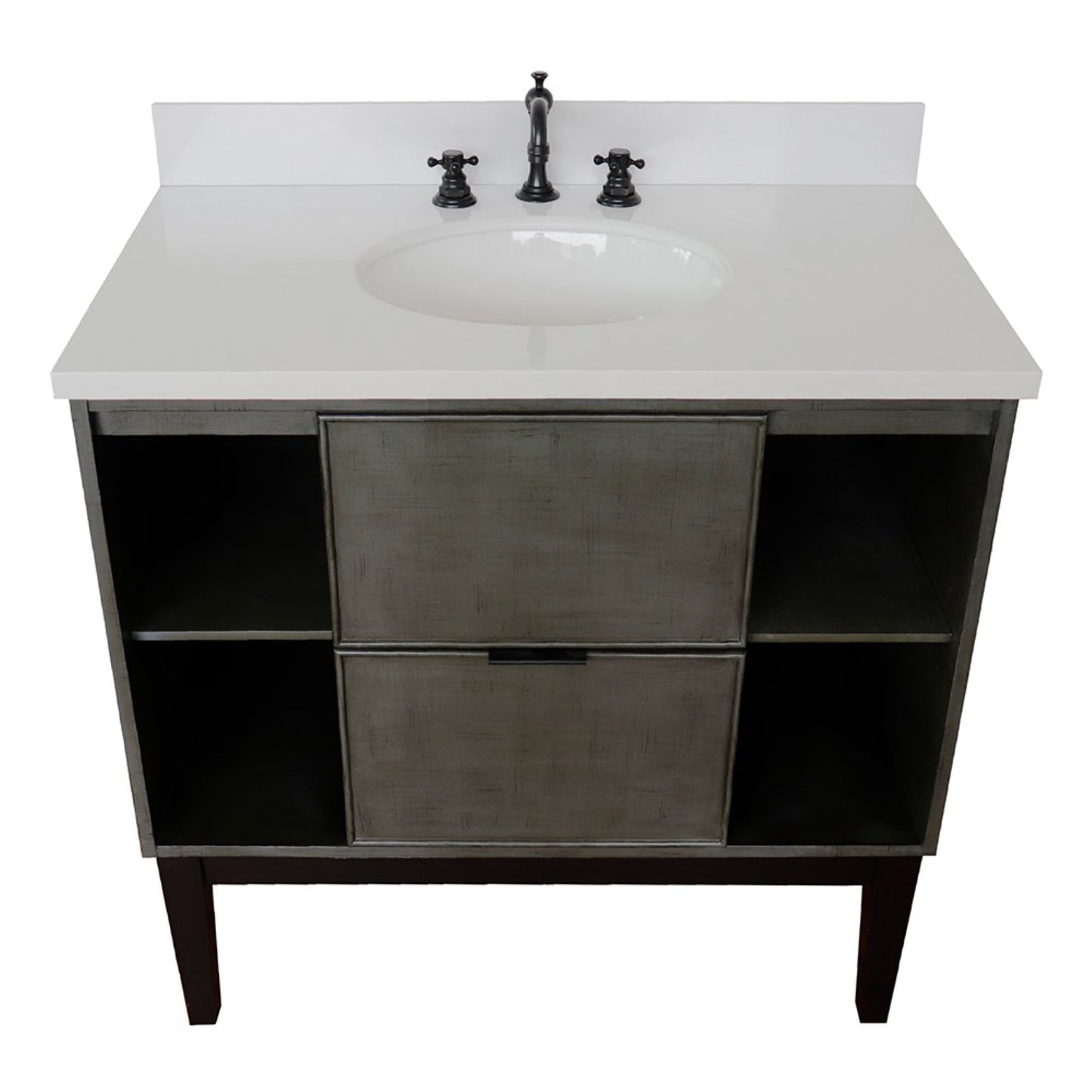 37" Single vanity in Linen Gray finish with White engineered stone top and oval sink