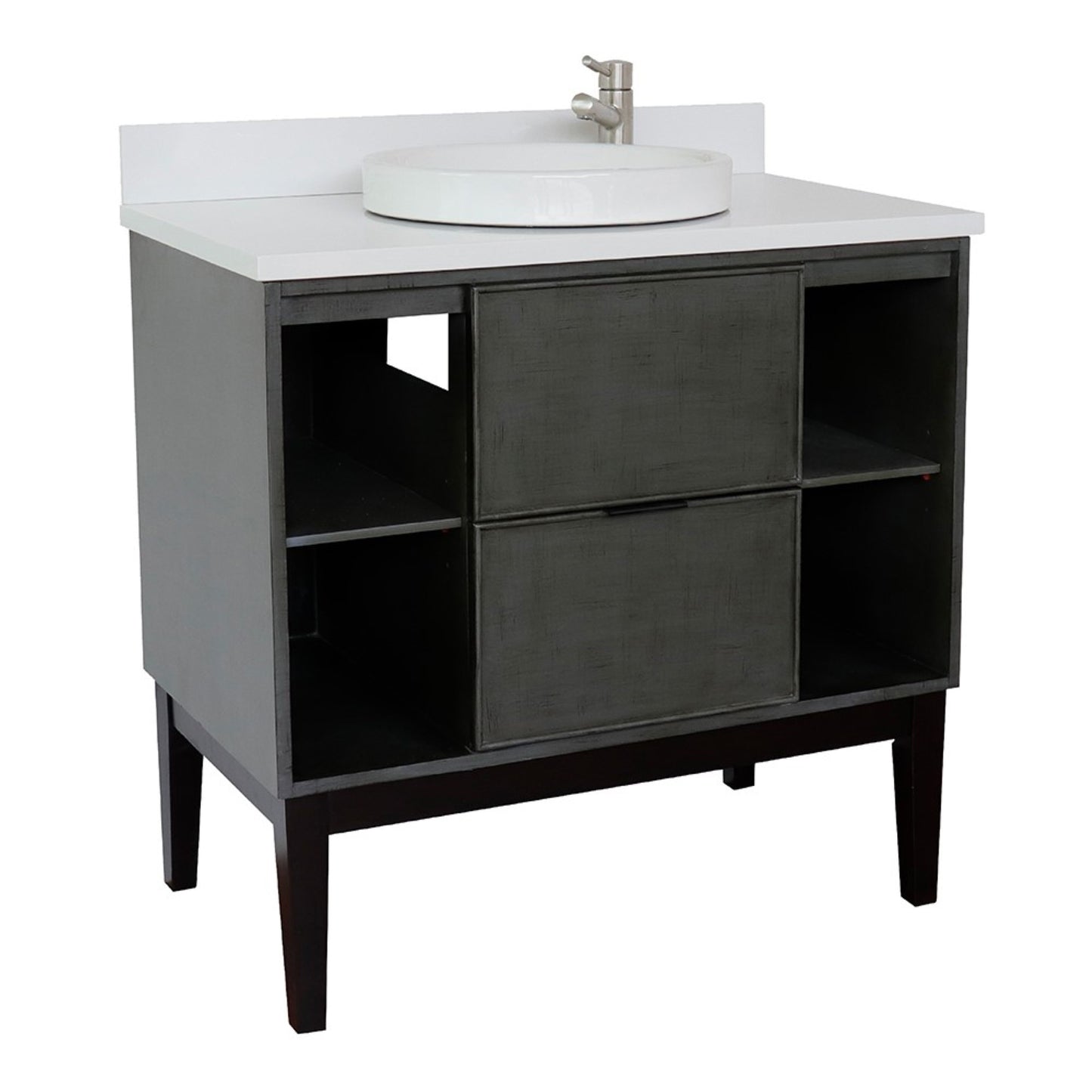 37" Single vanity in Linen Gray finish with White engineered stone top and round sink