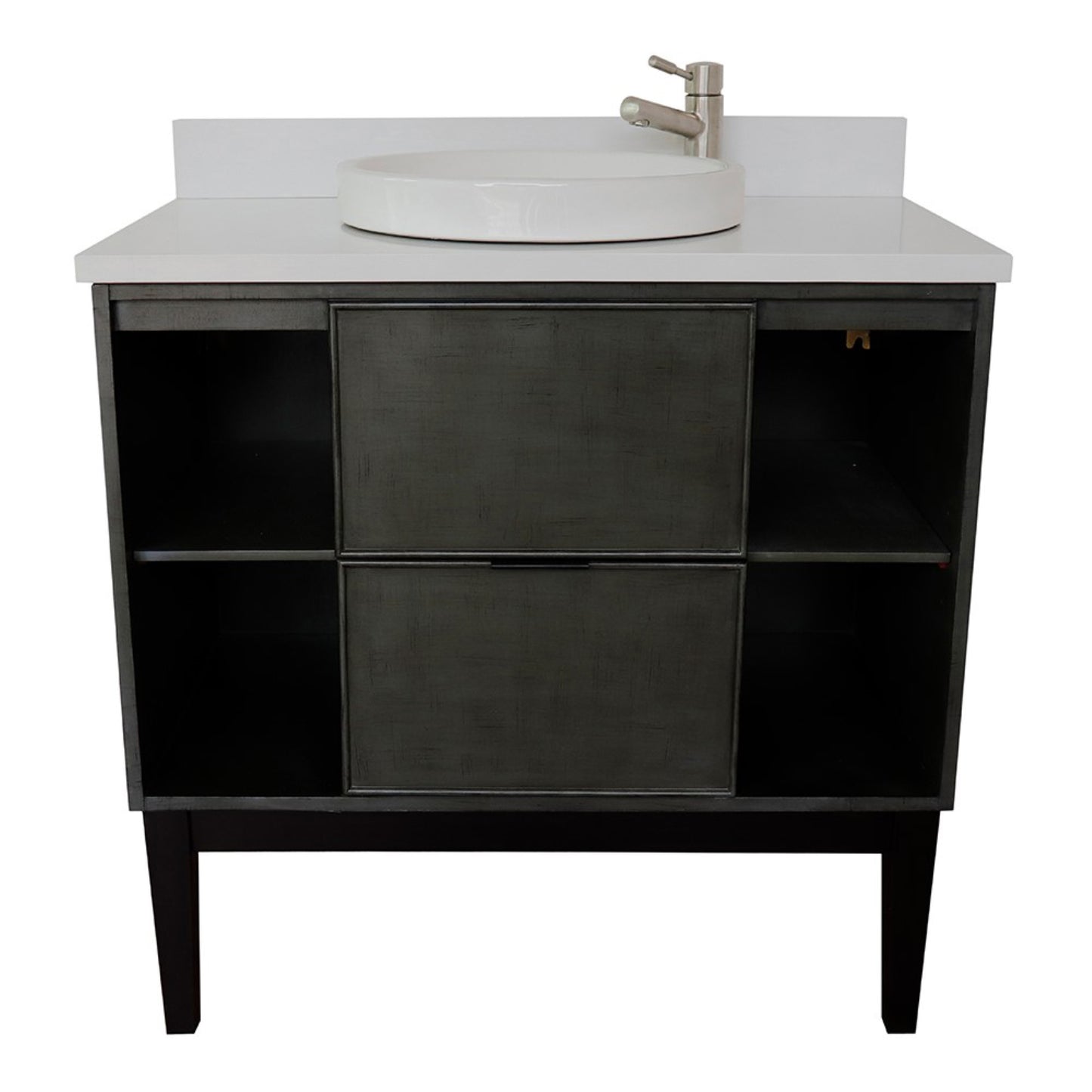 37" Single vanity in Linen Gray finish with White engineered stone top and round sink