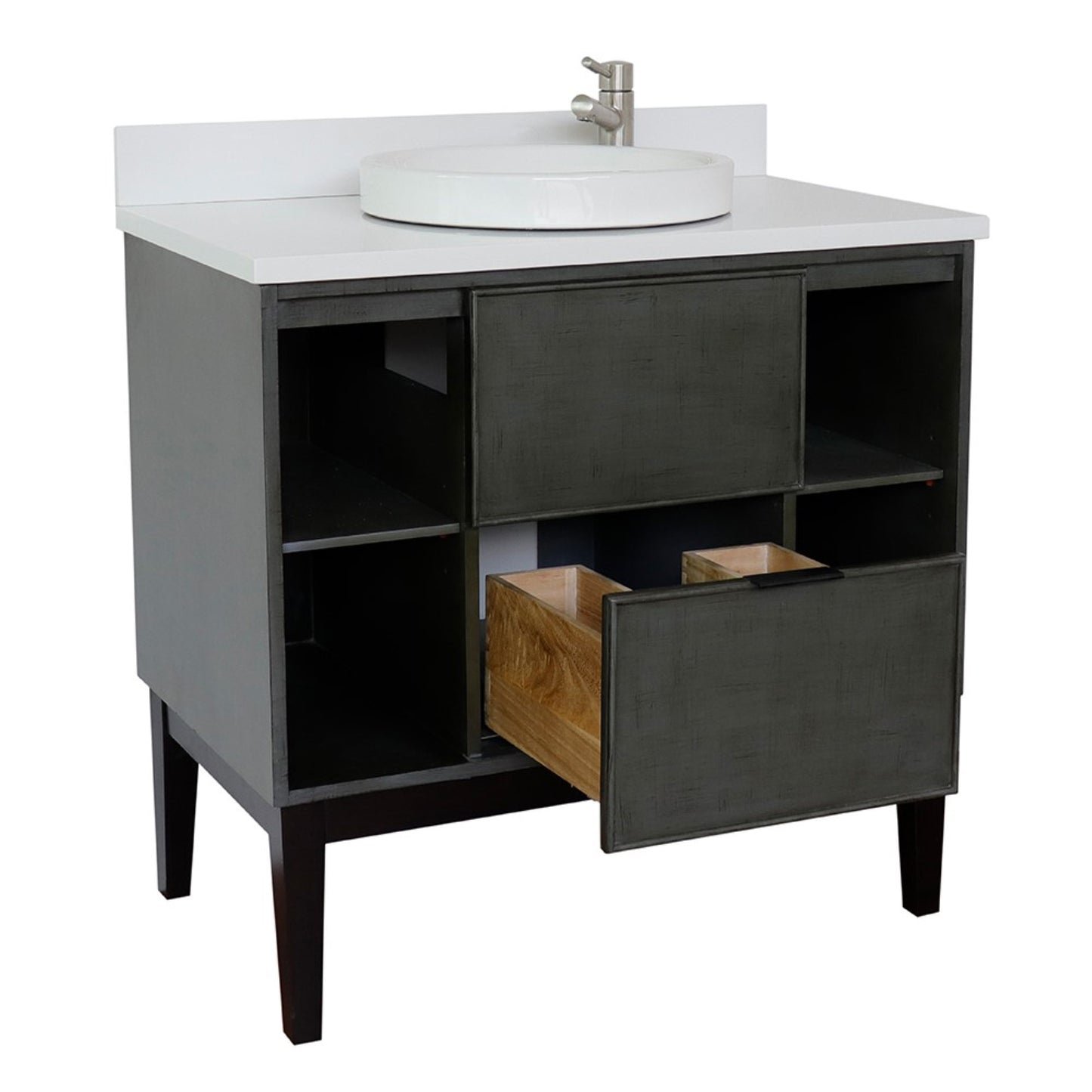 37" Single vanity in Linen Gray finish with White engineered stone top and round sink