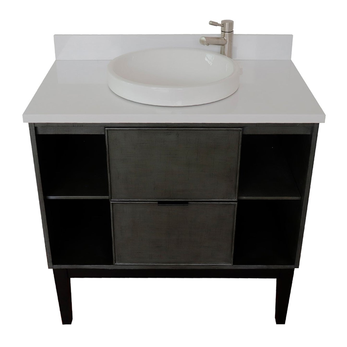 37" Single vanity in Linen Gray finish with White engineered stone top and round sink