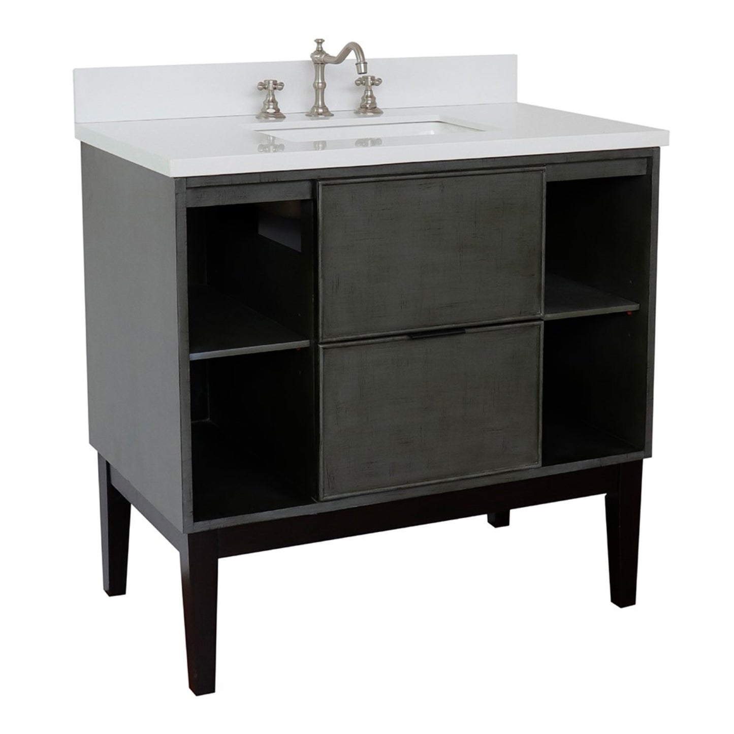37" Single vanity in Linen Gray finish with White engineered stone top and rectangle sink