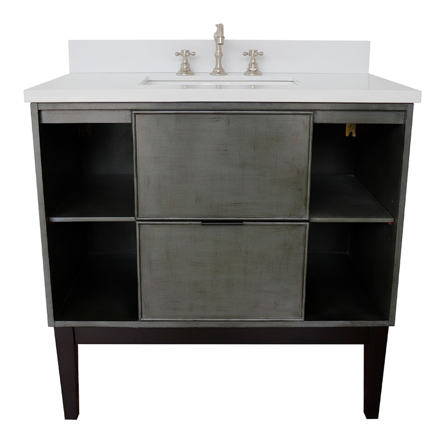 37" Single vanity in Linen Gray finish with White engineered stone top and rectangle sink