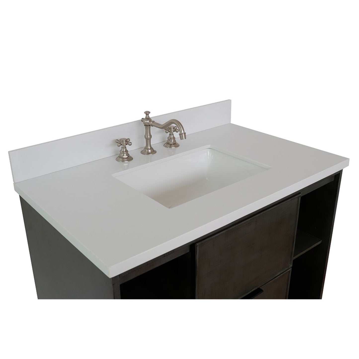 37" Single vanity in Linen Gray finish with White engineered stone top and rectangle sink