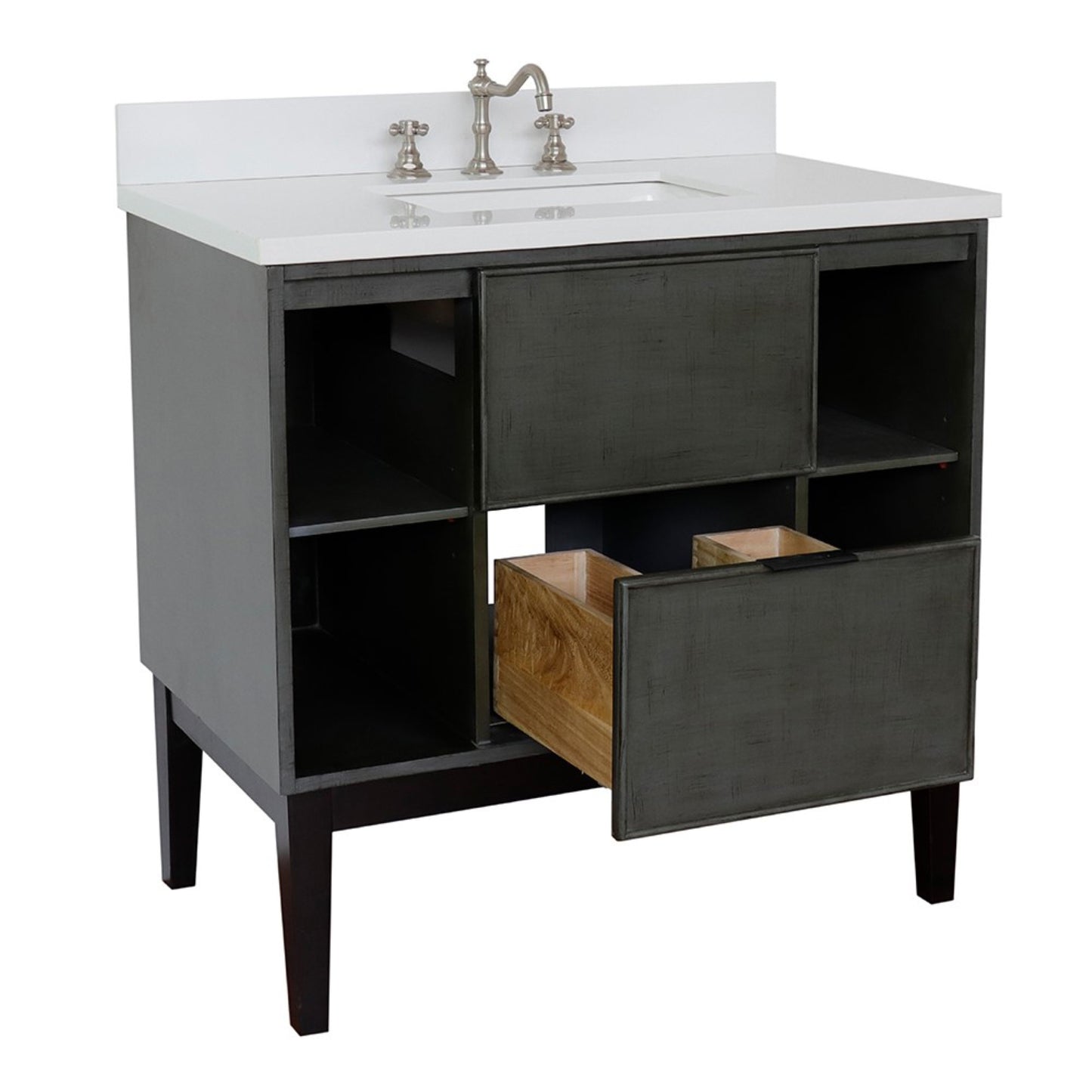 37" Single vanity in Linen Gray finish with White engineered stone top and rectangle sink