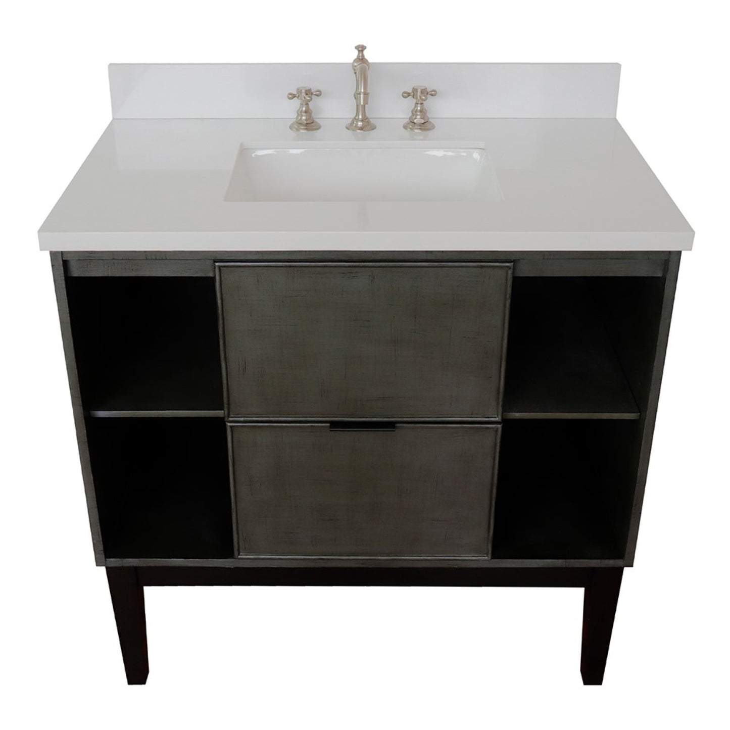 37" Single vanity in Linen Gray finish with White engineered stone top and rectangle sink