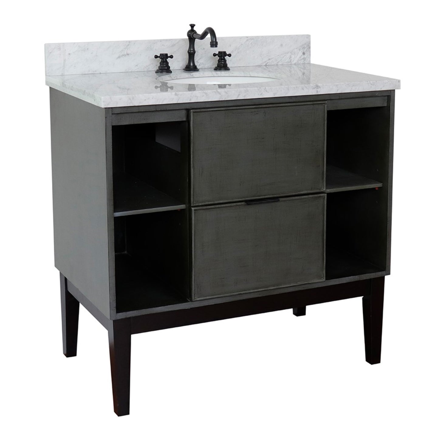 37" Single vanity in Linen Gray finish with White Carrara top and oval sink