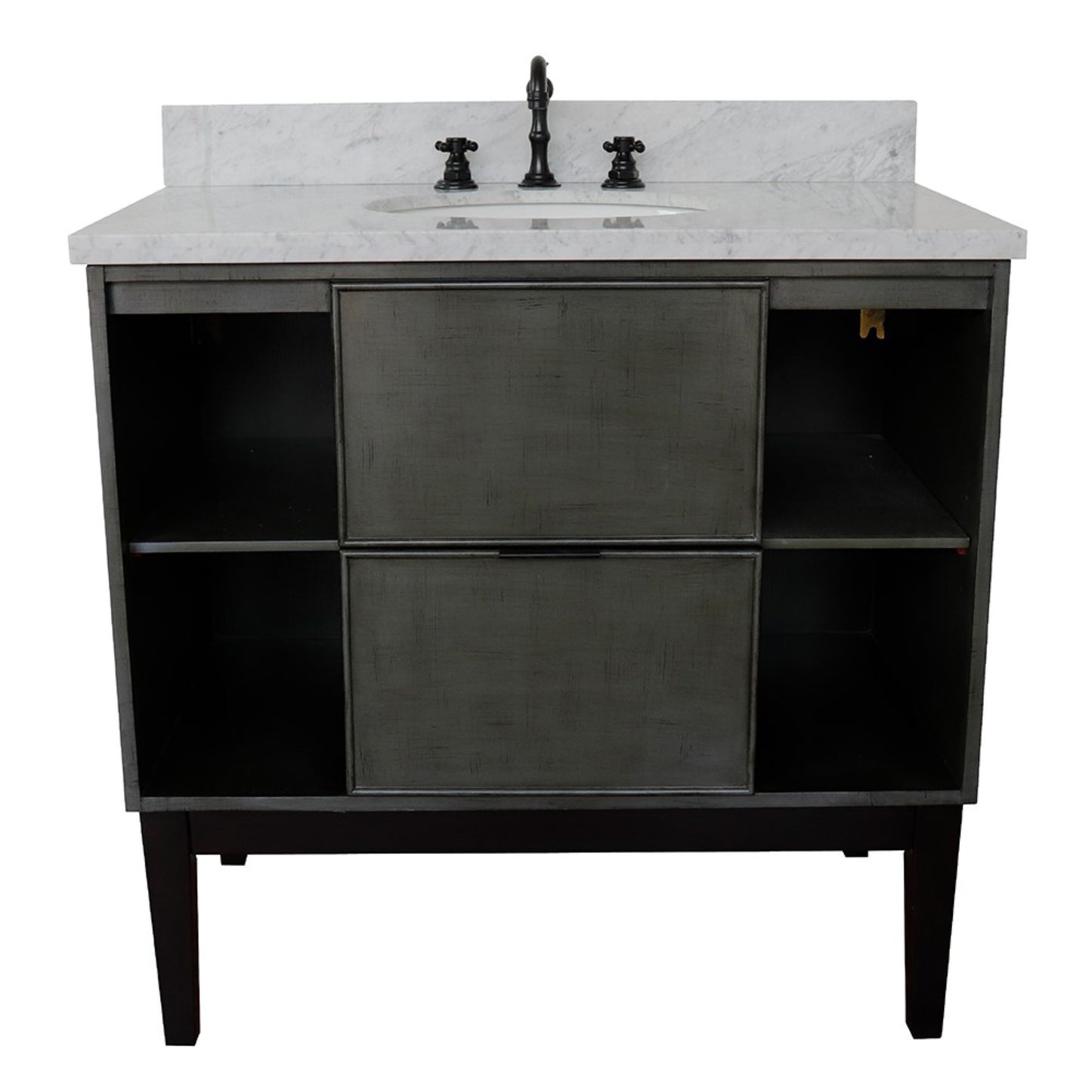 37" Single vanity in Linen Gray finish with White Carrara top and oval sink