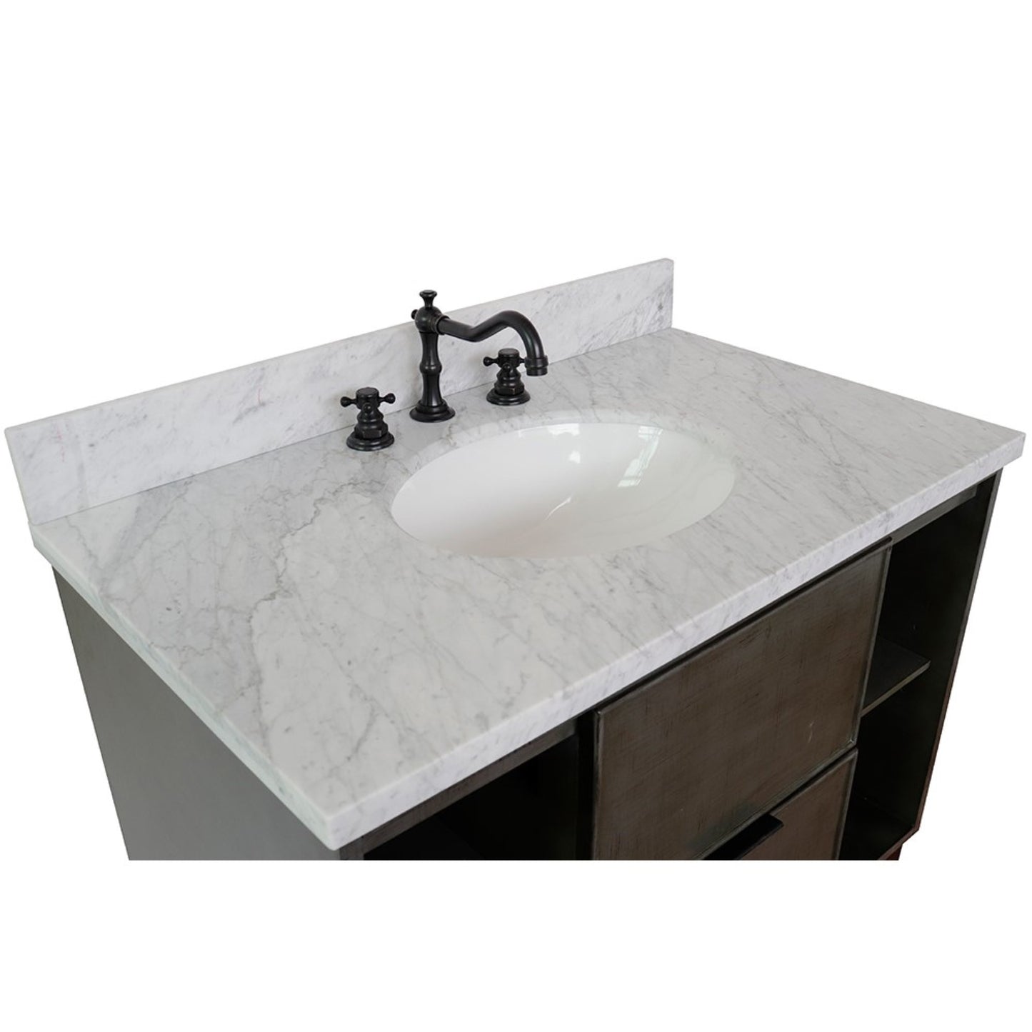37" Single vanity in Linen Gray finish with White Carrara top and oval sink