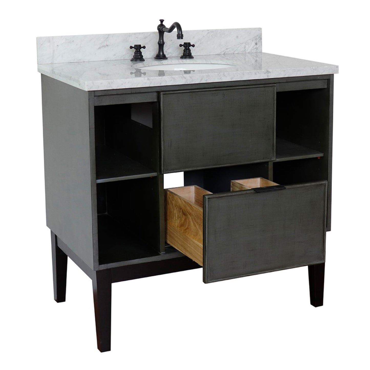 37" Single vanity in Linen Gray finish with White Carrara top and oval sink