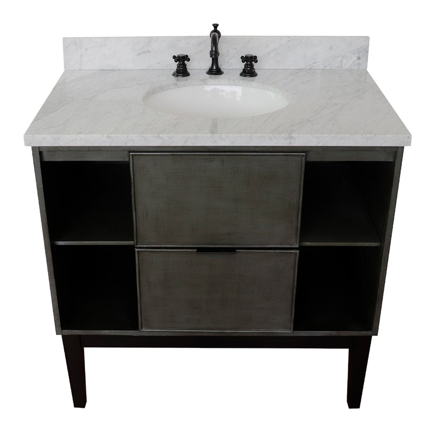 37" Single vanity in Linen Gray finish with White Carrara top and oval sink