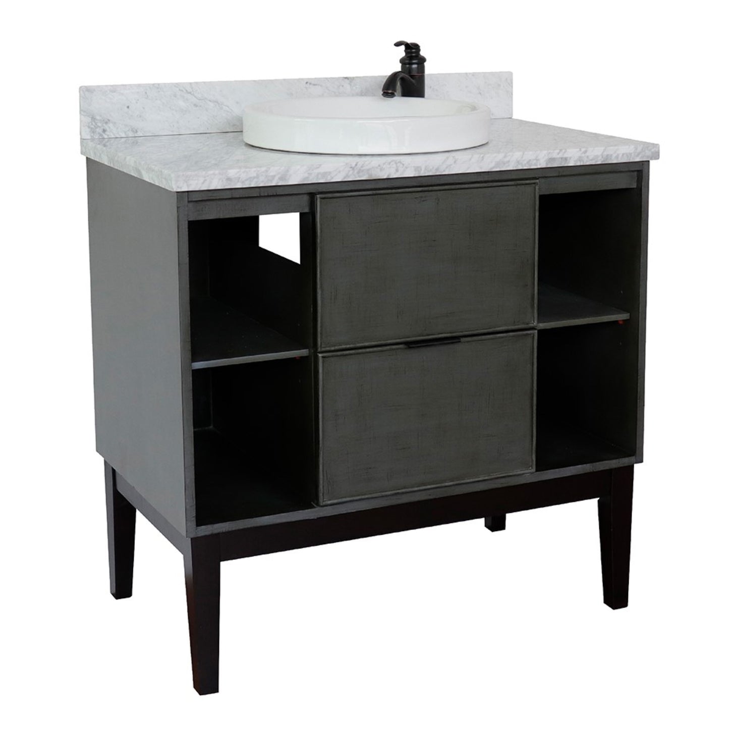 37" Single vanity in Linen Gray finish with White Carrara top and round sink