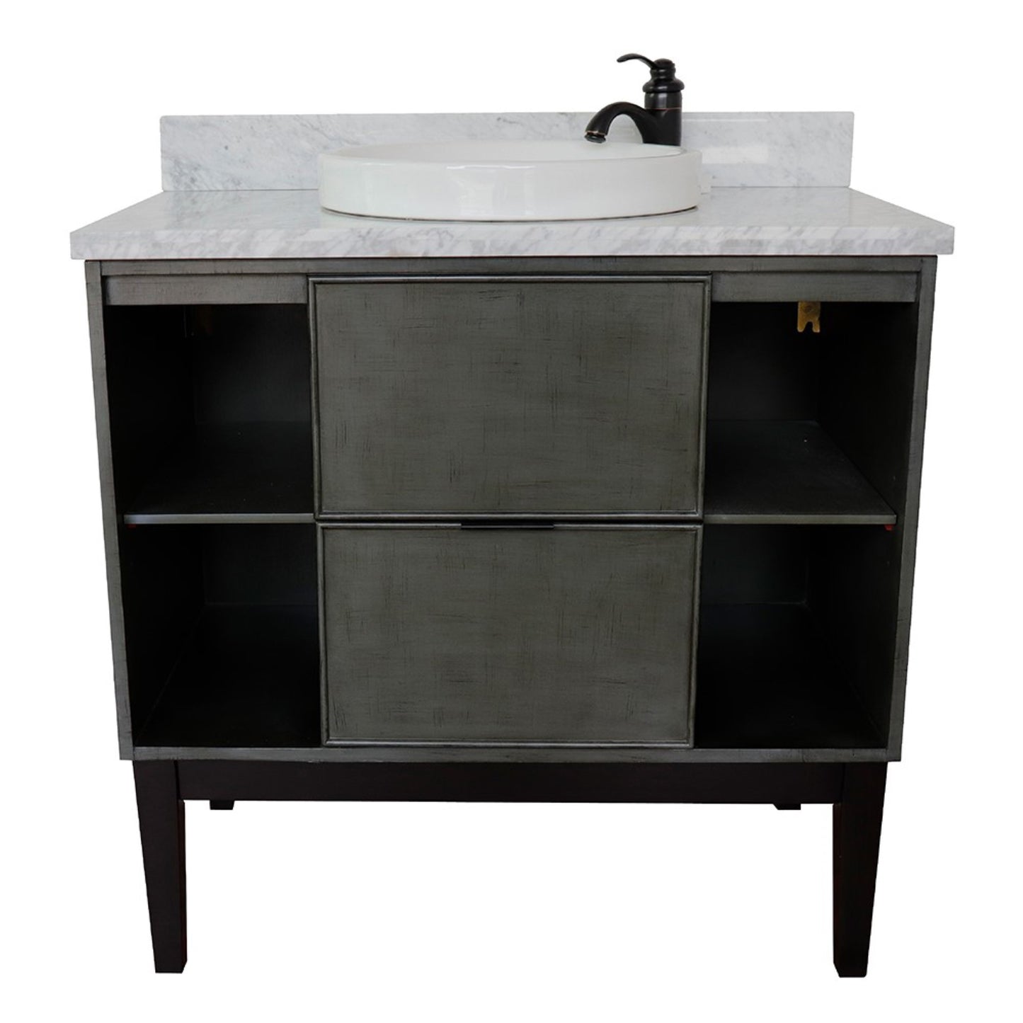 37" Single vanity in Linen Gray finish with White Carrara top and round sink