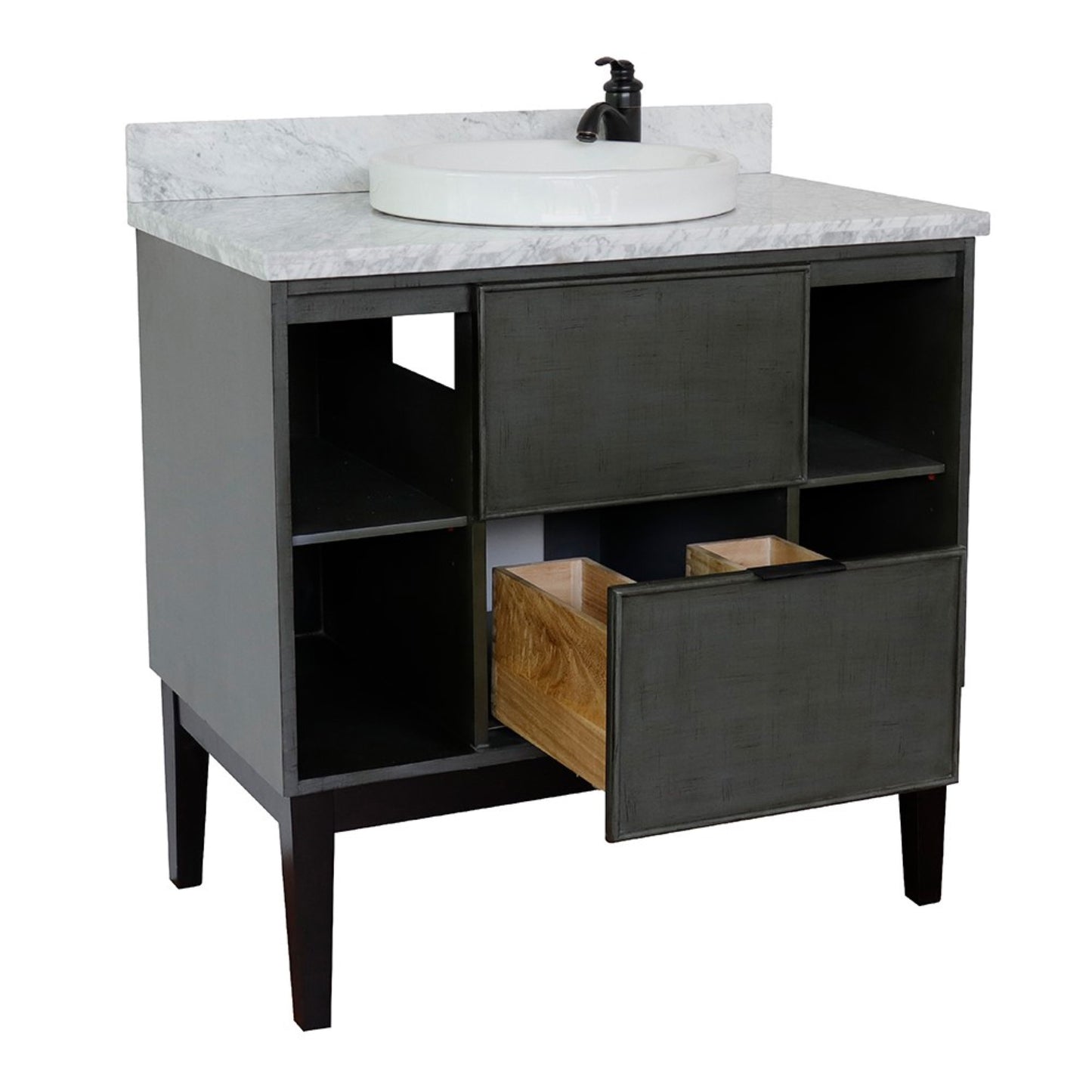 37" Single vanity in Linen Gray finish with White Carrara top and round sink