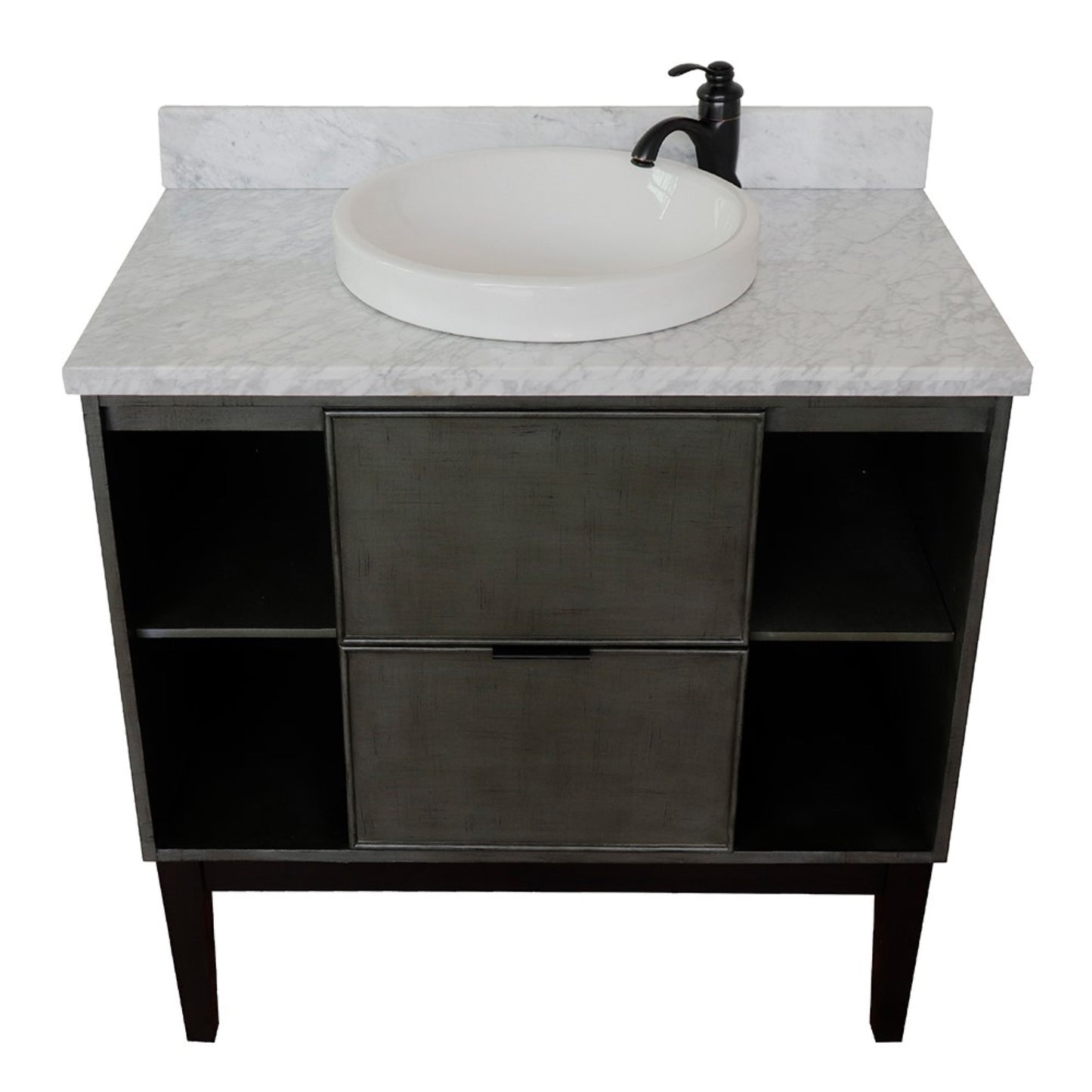37" Single vanity in Linen Gray finish with White Carrara top and round sink