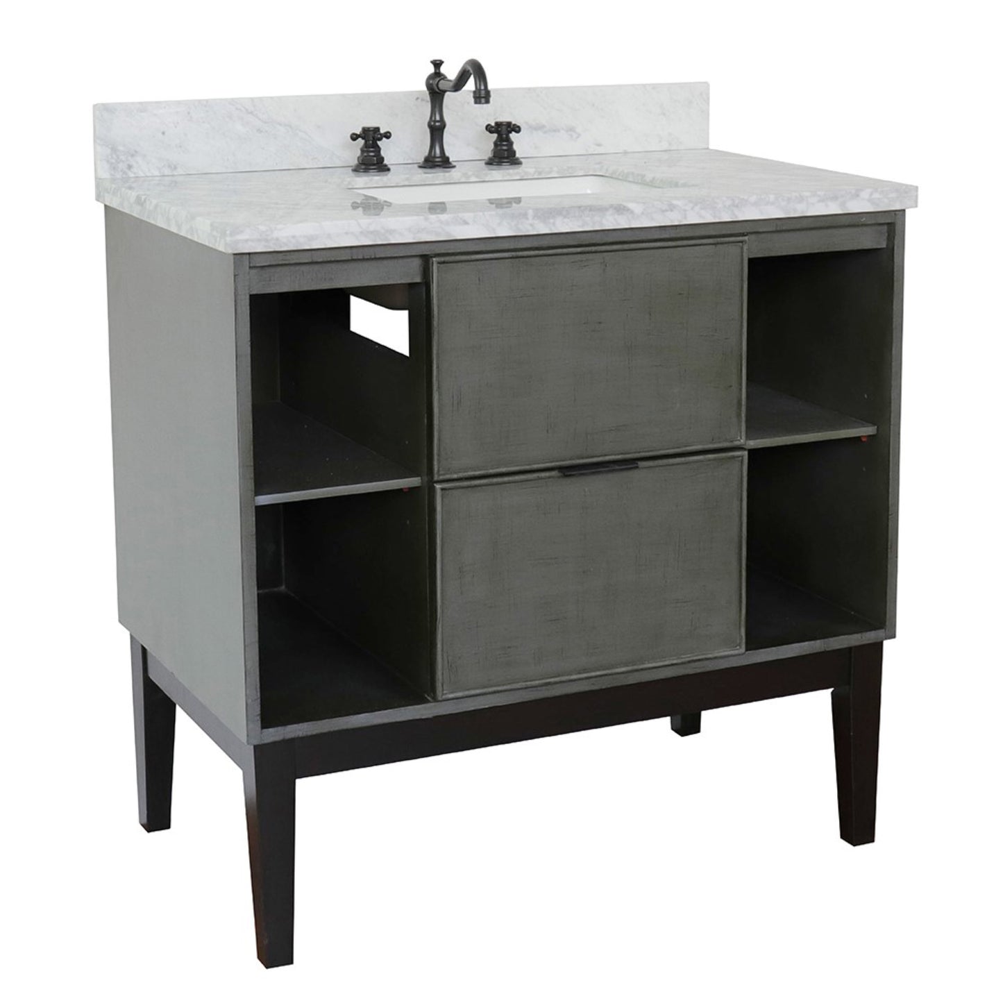 37" Single vanity in Linen Gray finish with White Carrara top and rectangle sink
