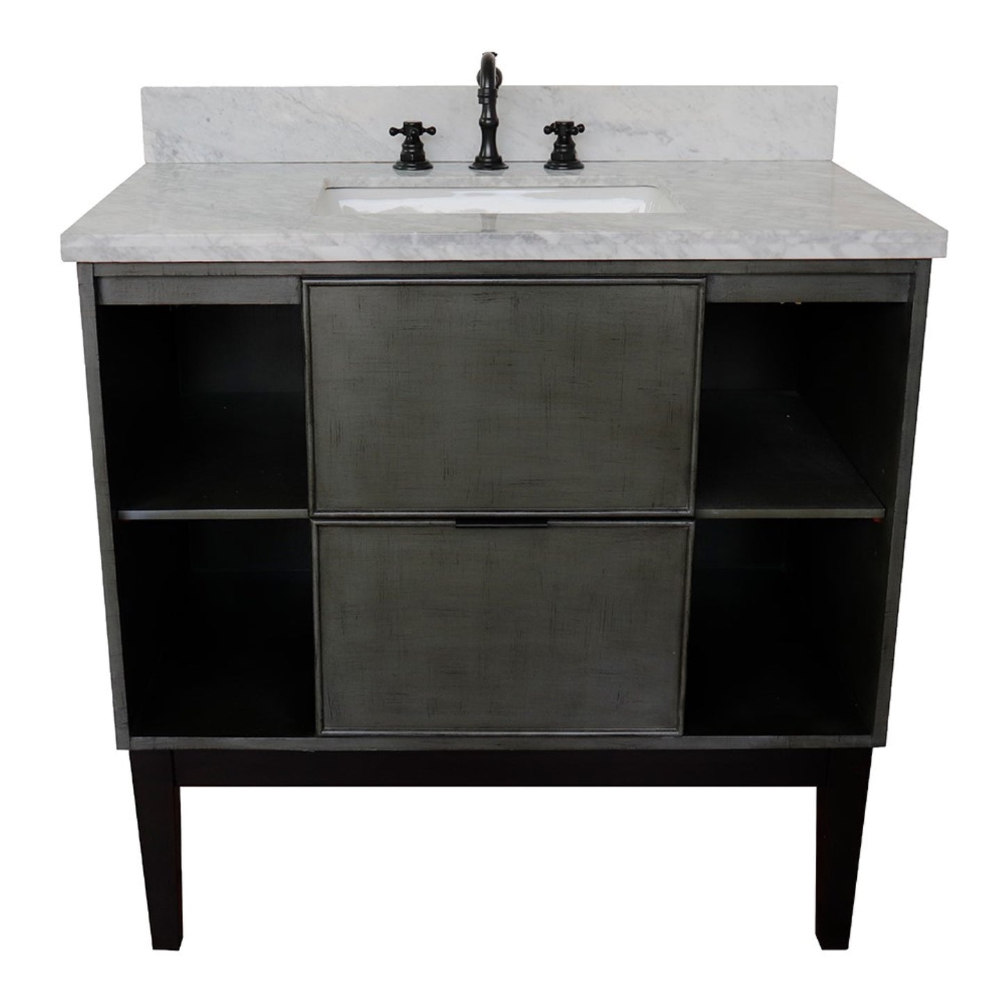 37" Single vanity in Linen Gray finish with White Carrara top and rectangle sink