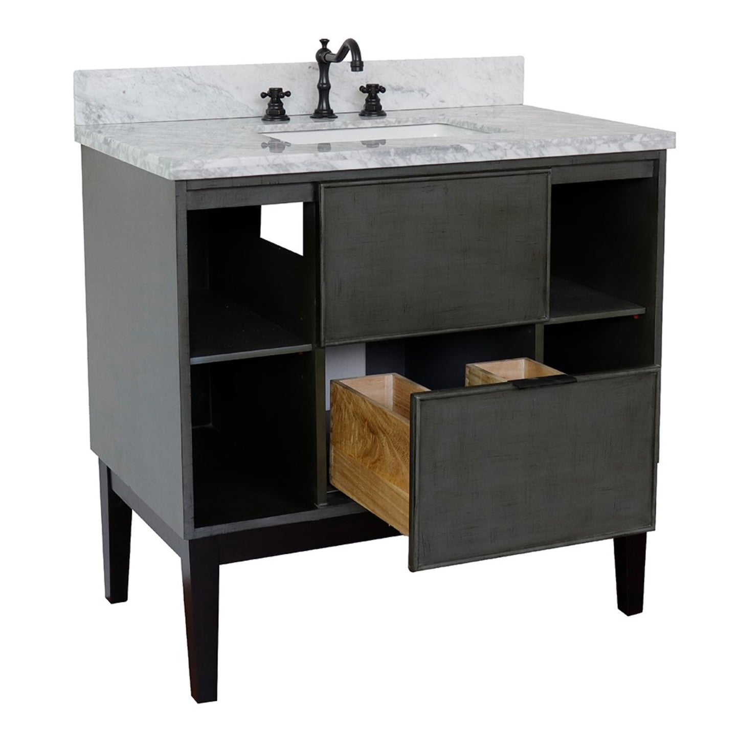 37" Single vanity in Linen Gray finish with White Carrara top and rectangle sink