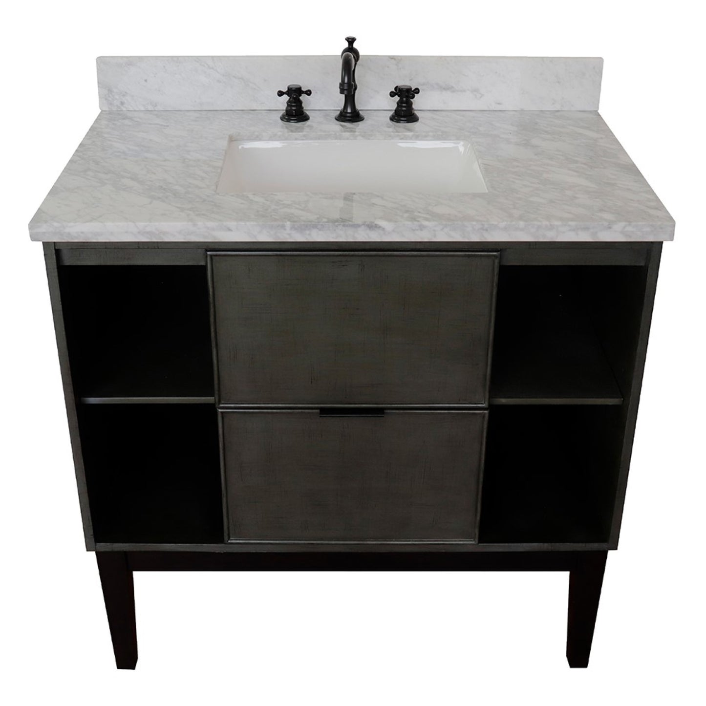 37" Single vanity in Linen Gray finish with White Carrara top and rectangle sink