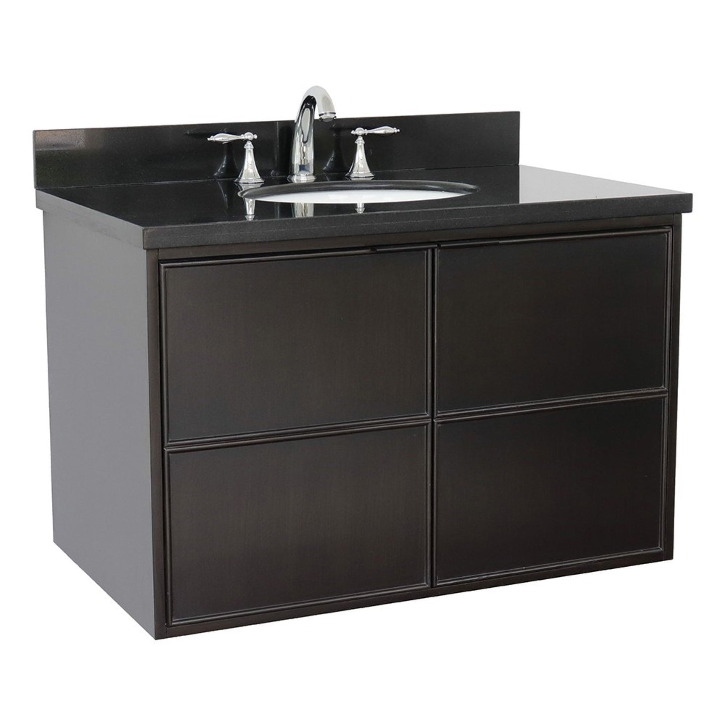 37" Single wall mount vanity in Cappuccino finish with Black Galaxy top and oval sink