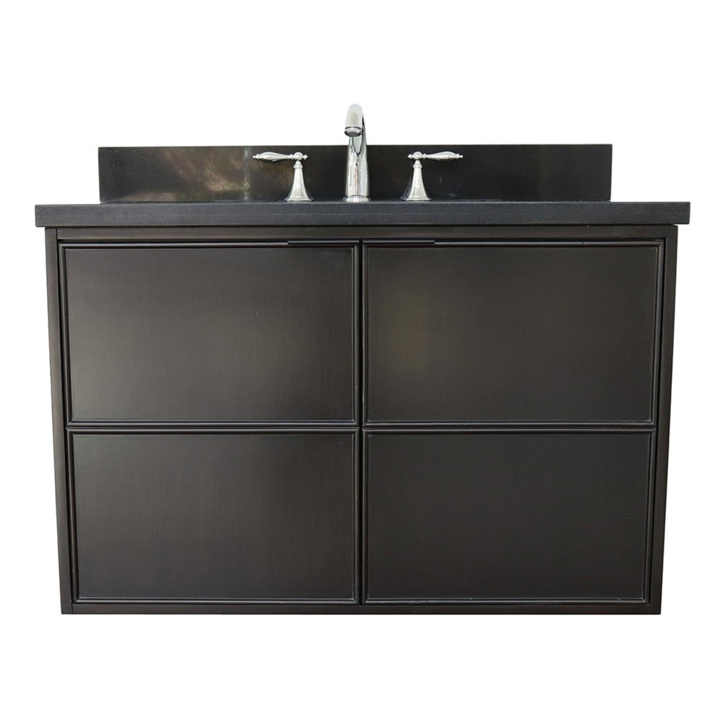 37" Single wall mount vanity in Cappuccino finish with Black Galaxy top and oval sink
