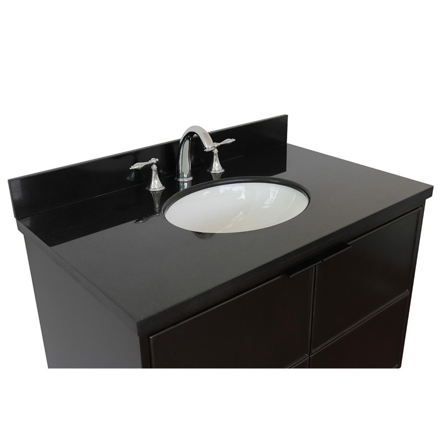 37" Single wall mount vanity in Cappuccino finish with Black Galaxy top and oval sink
