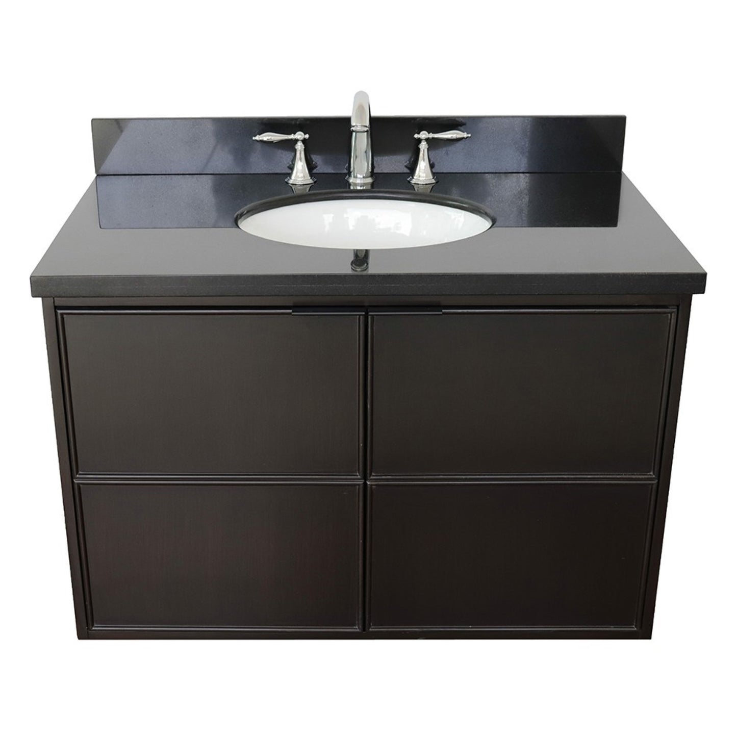 37" Single wall mount vanity in Cappuccino finish with Black Galaxy top and oval sink