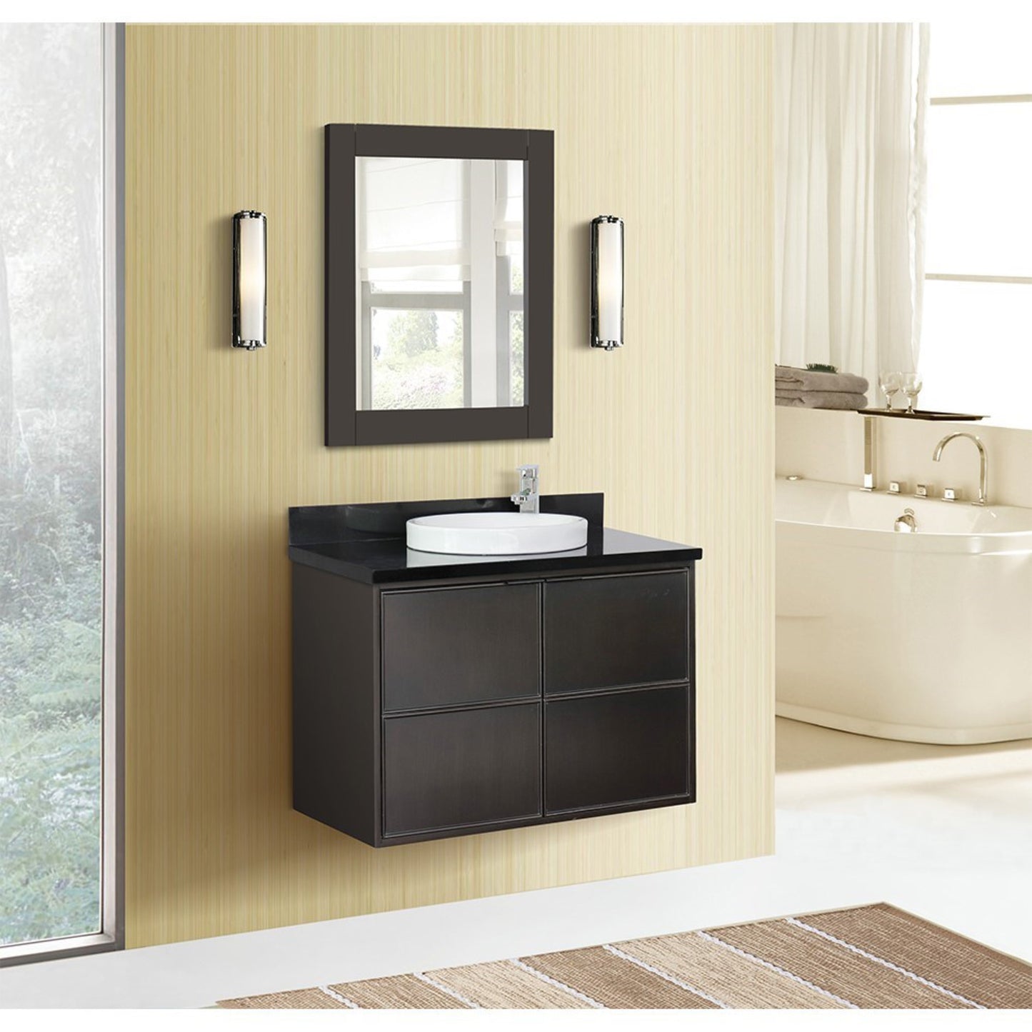 37" Single wall mount vanity in Cappuccino finish with Black Galaxy top and round sink