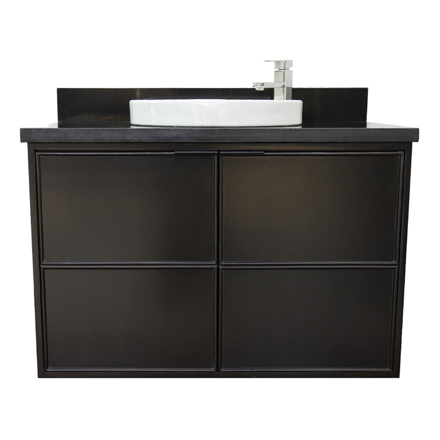 37" Single wall mount vanity in Cappuccino finish with Black Galaxy top and round sink