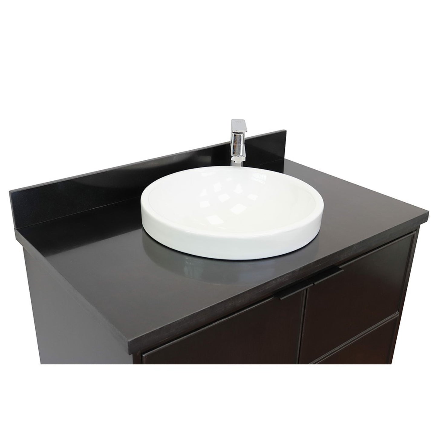 37" Single wall mount vanity in Cappuccino finish with Black Galaxy top and round sink