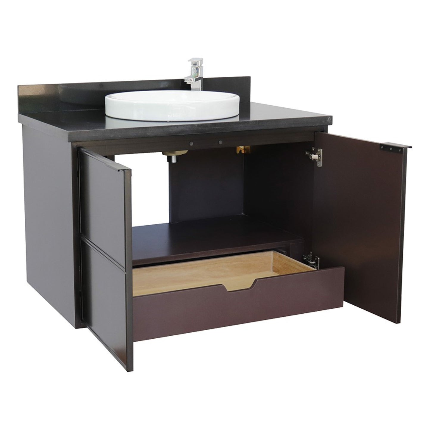 37" Single wall mount vanity in Cappuccino finish with Black Galaxy top and round sink