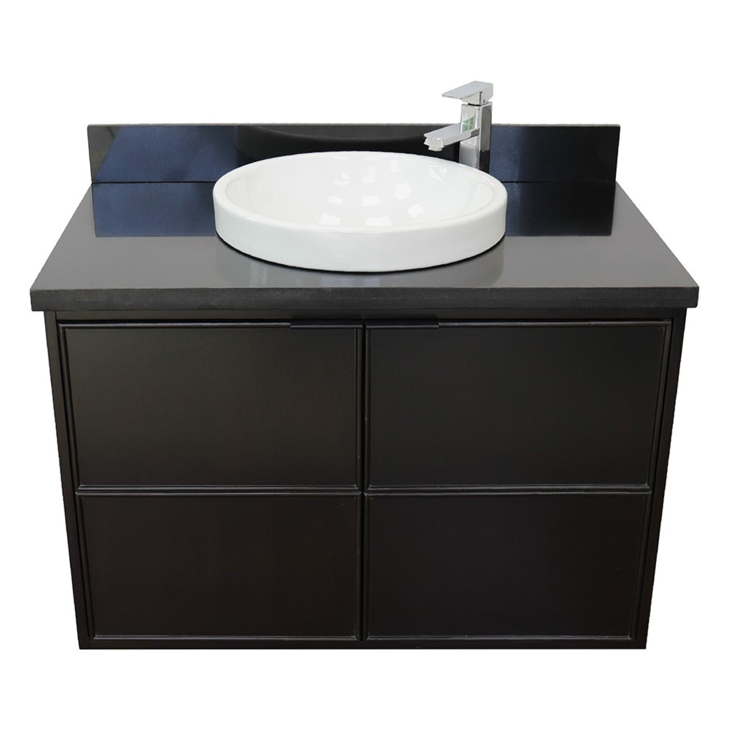 37" Single wall mount vanity in Cappuccino finish with Black Galaxy top and round sink