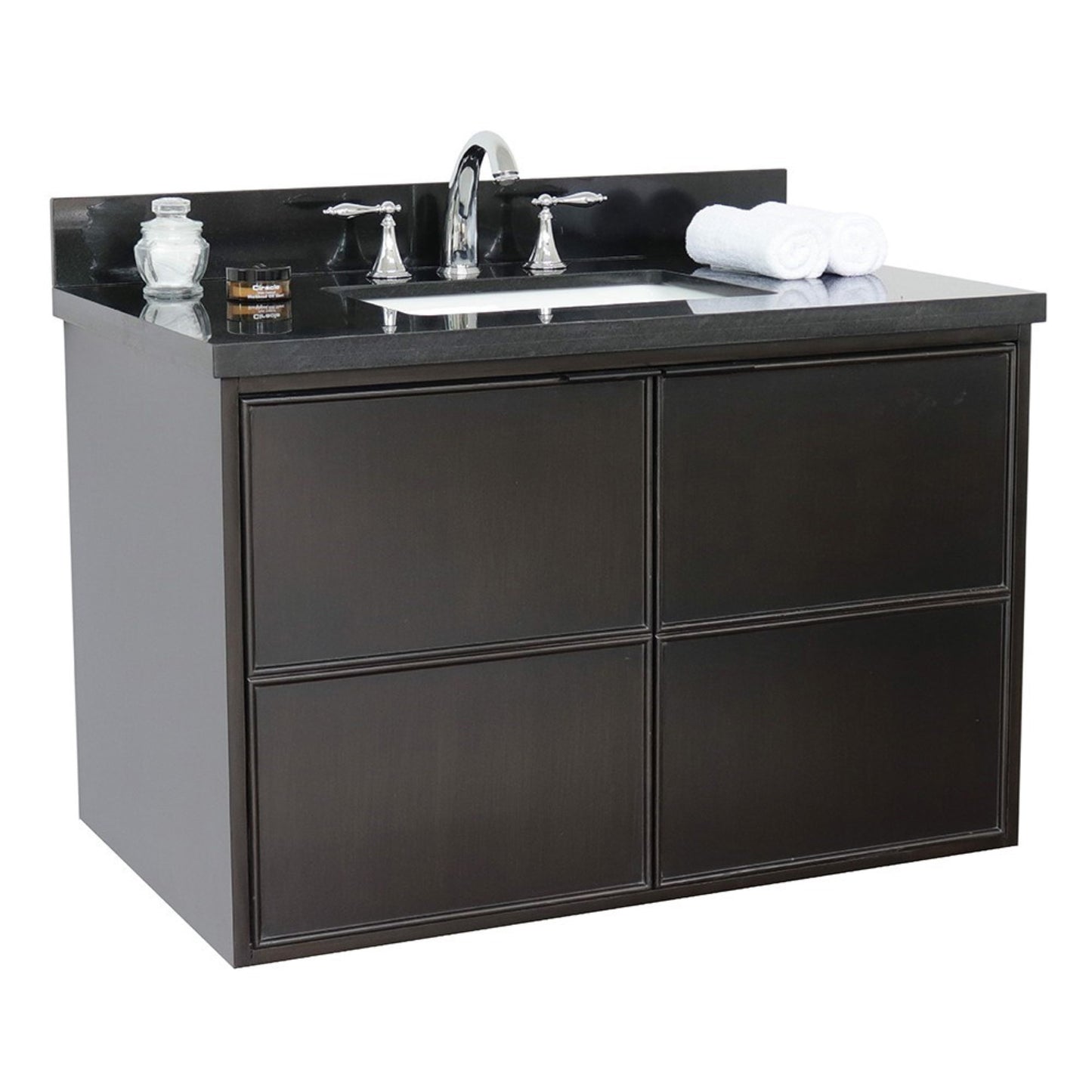 37" Single wall mount vanity in Cappuccino finish with Black Galaxy top and rectangle sink