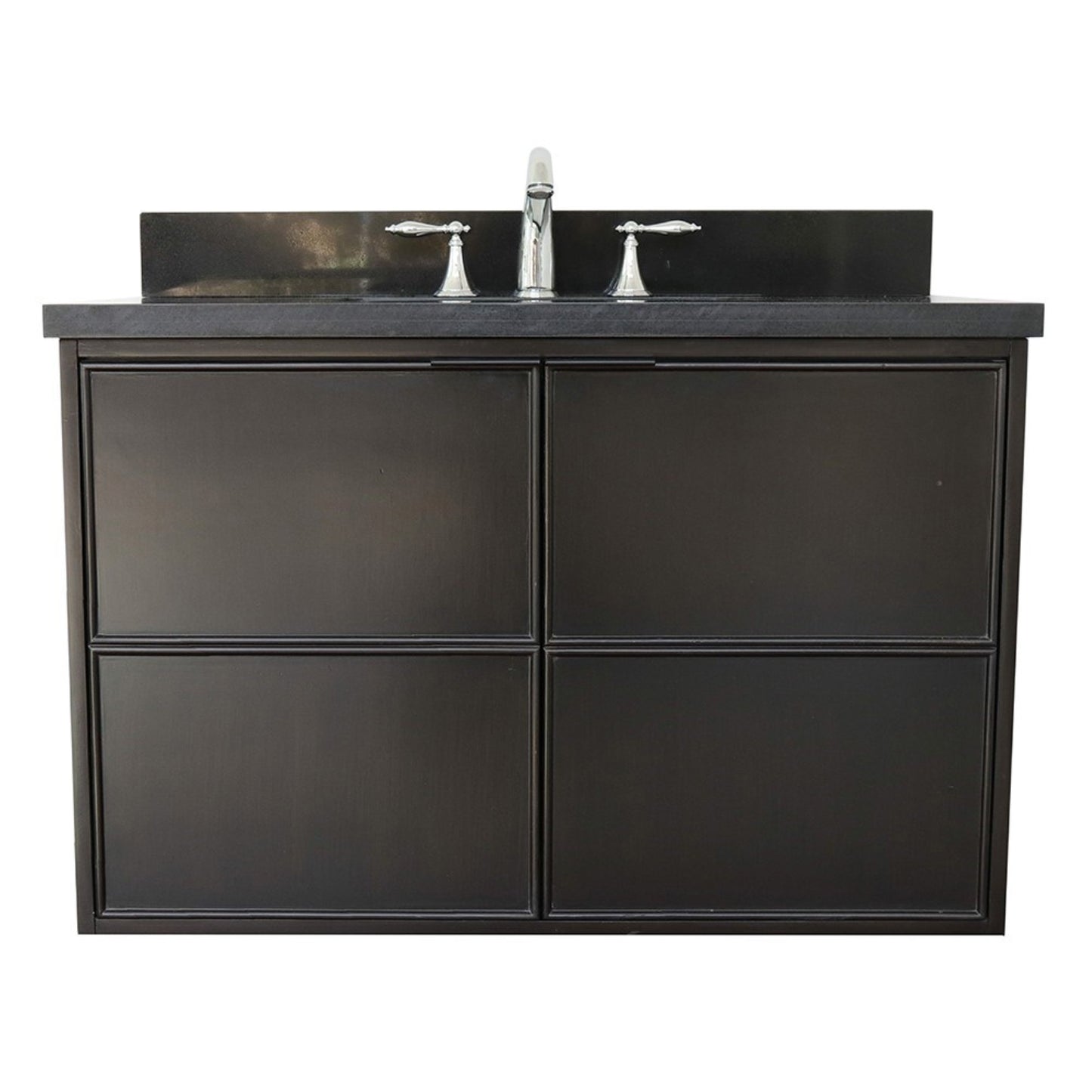37" Single wall mount vanity in Cappuccino finish with Black Galaxy top and rectangle sink