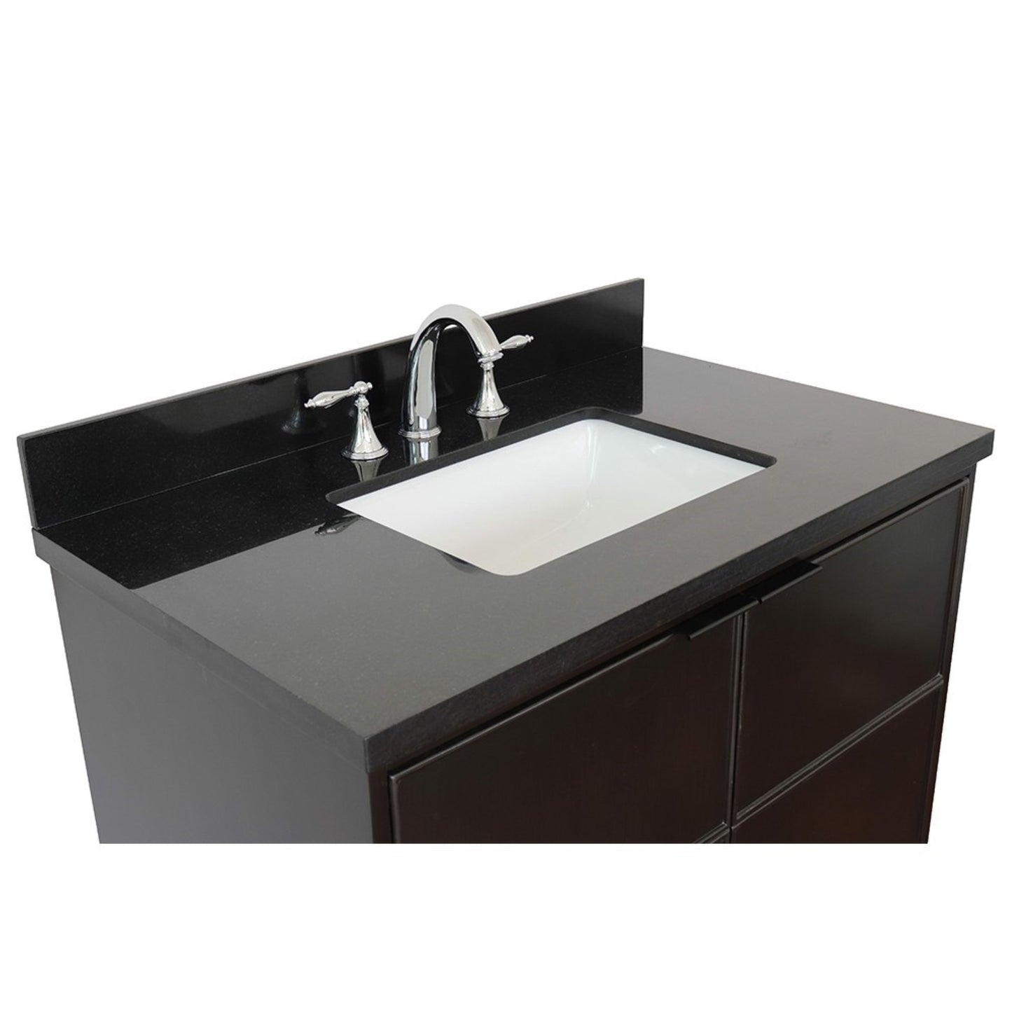 37" Single wall mount vanity in Cappuccino finish with Black Galaxy top and rectangle sink