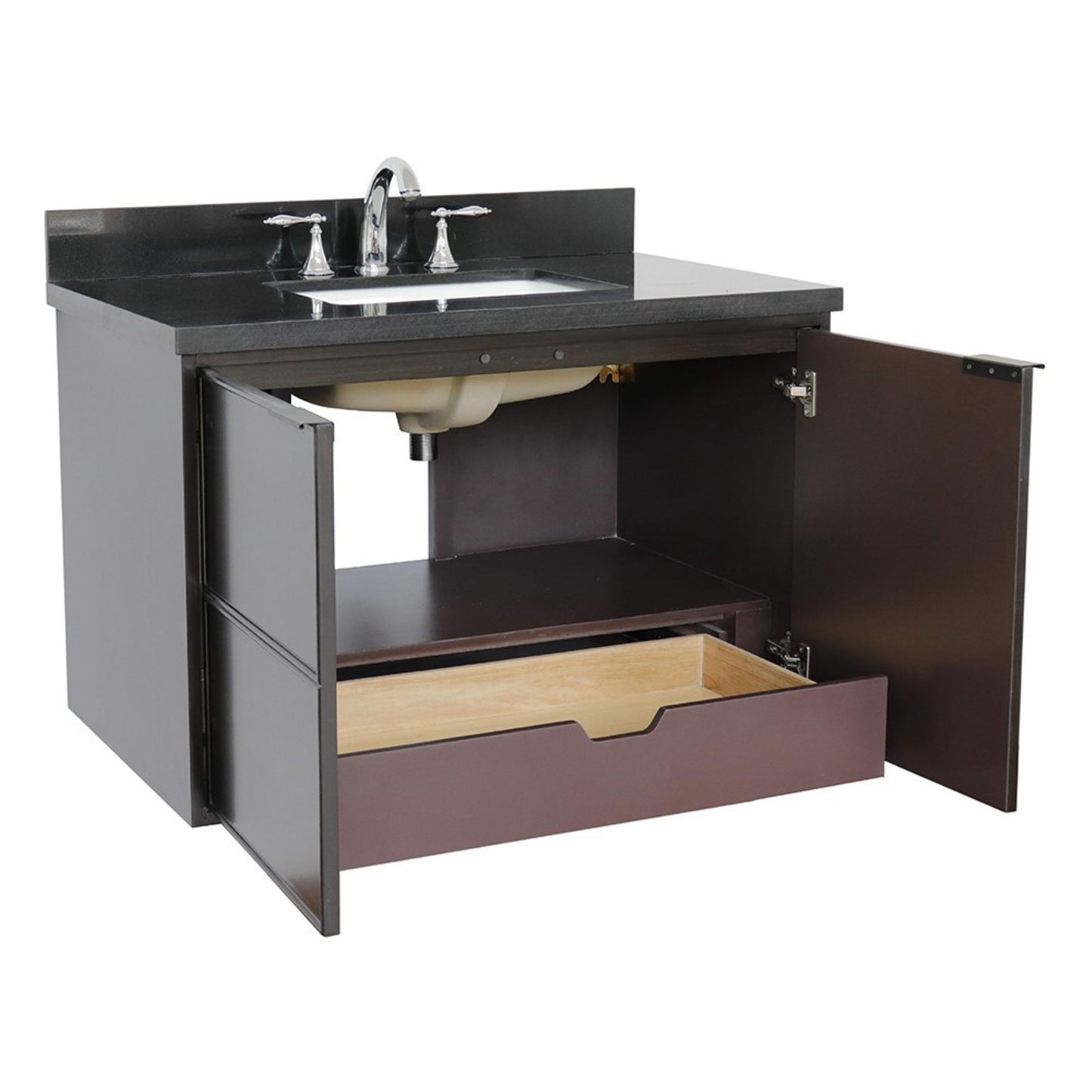 37" Single wall mount vanity in Cappuccino finish with Black Galaxy top and rectangle sink