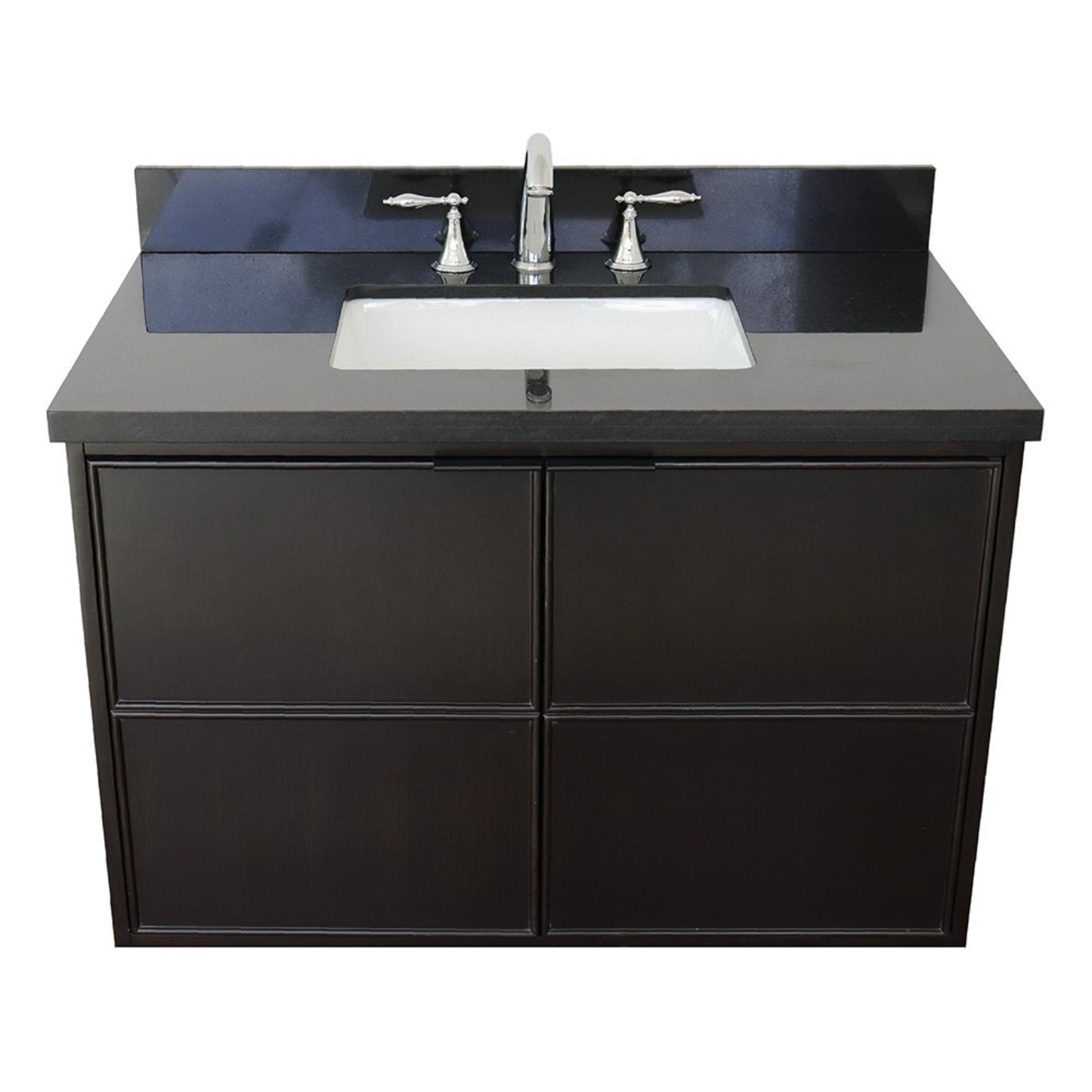 37" Single wall mount vanity in Cappuccino finish with Black Galaxy top and rectangle sink