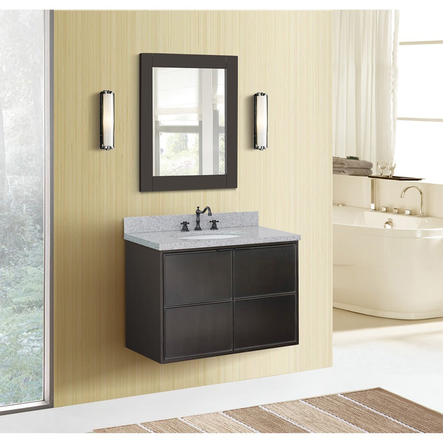 37" Single wall mount vanity in Cappuccino finish with Gray granite top and oval sink