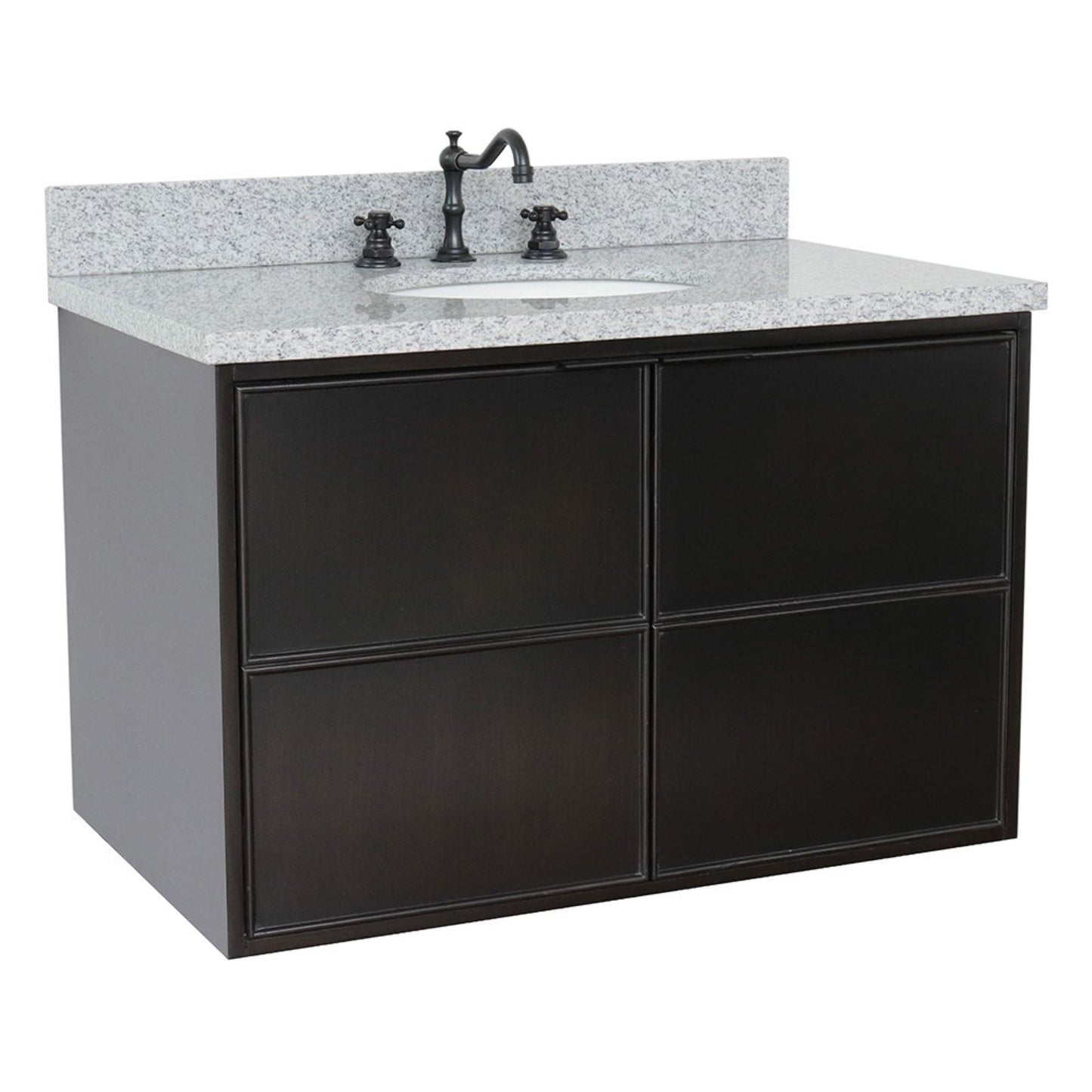 37" Single wall mount vanity in Cappuccino finish with Gray granite top and oval sink