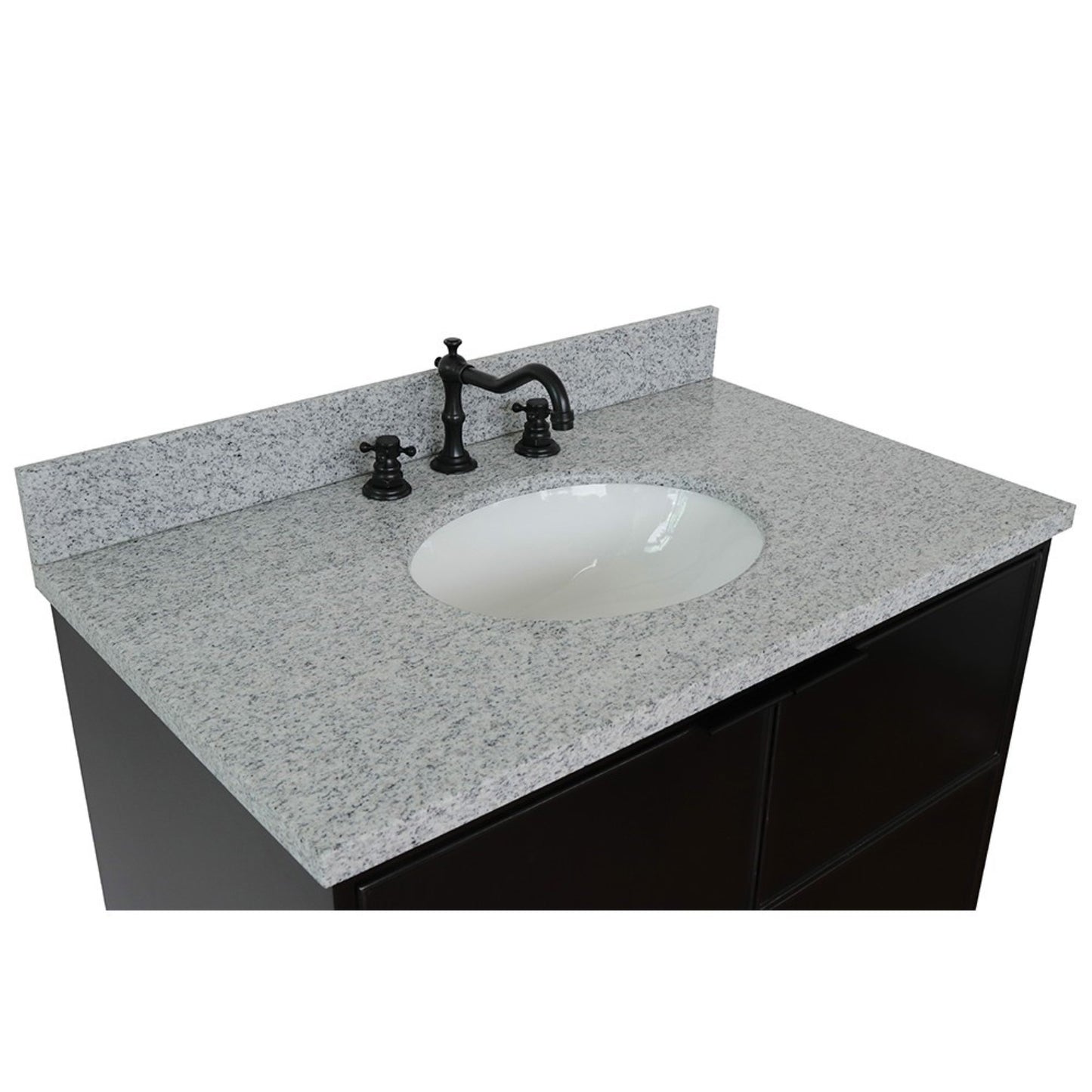 37" Single wall mount vanity in Cappuccino finish with Gray granite top and oval sink